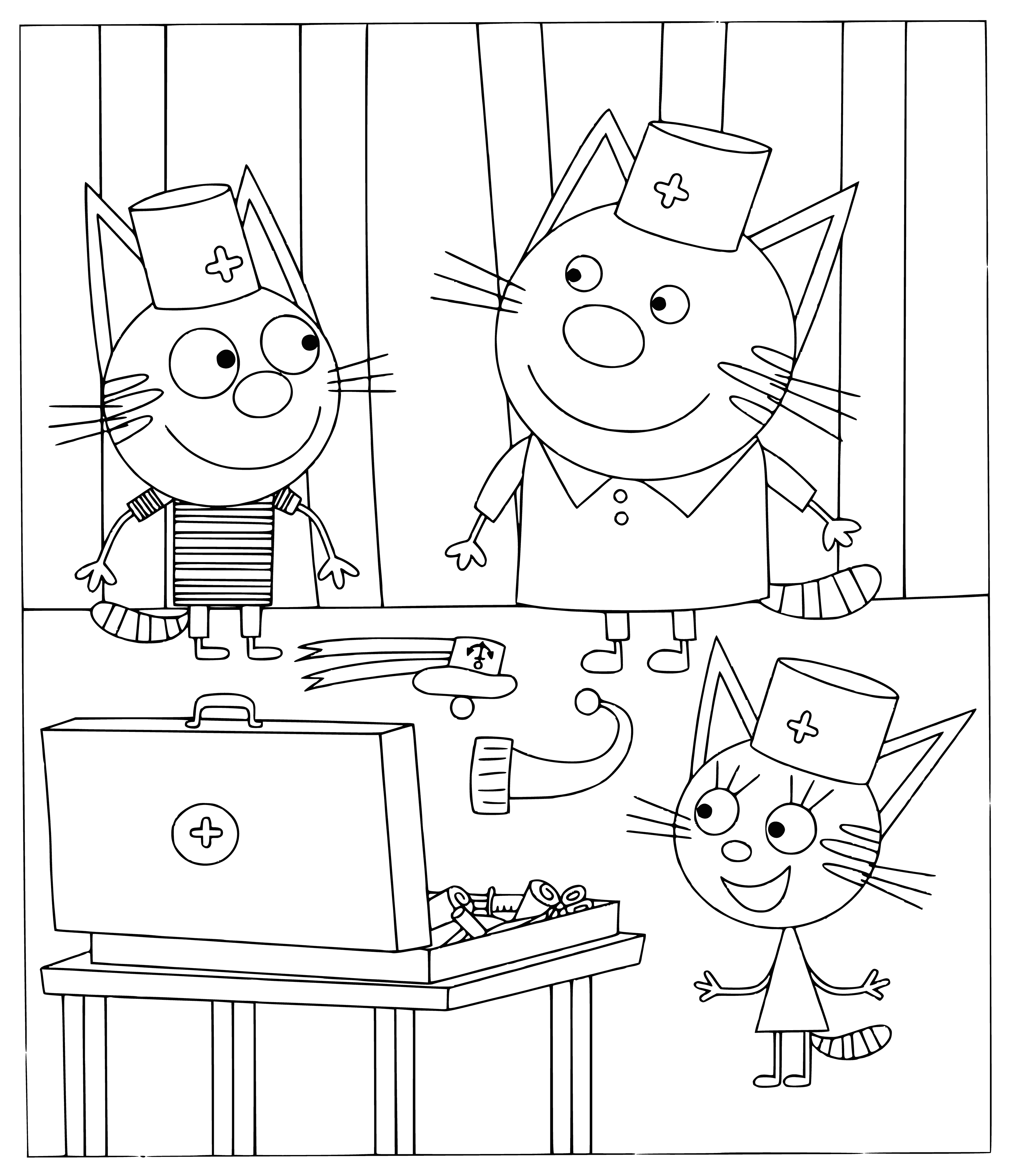coloring page: Three cats in a doctor's office: black w/stethoscope, white w/headlamp, gray w/mask & coat.