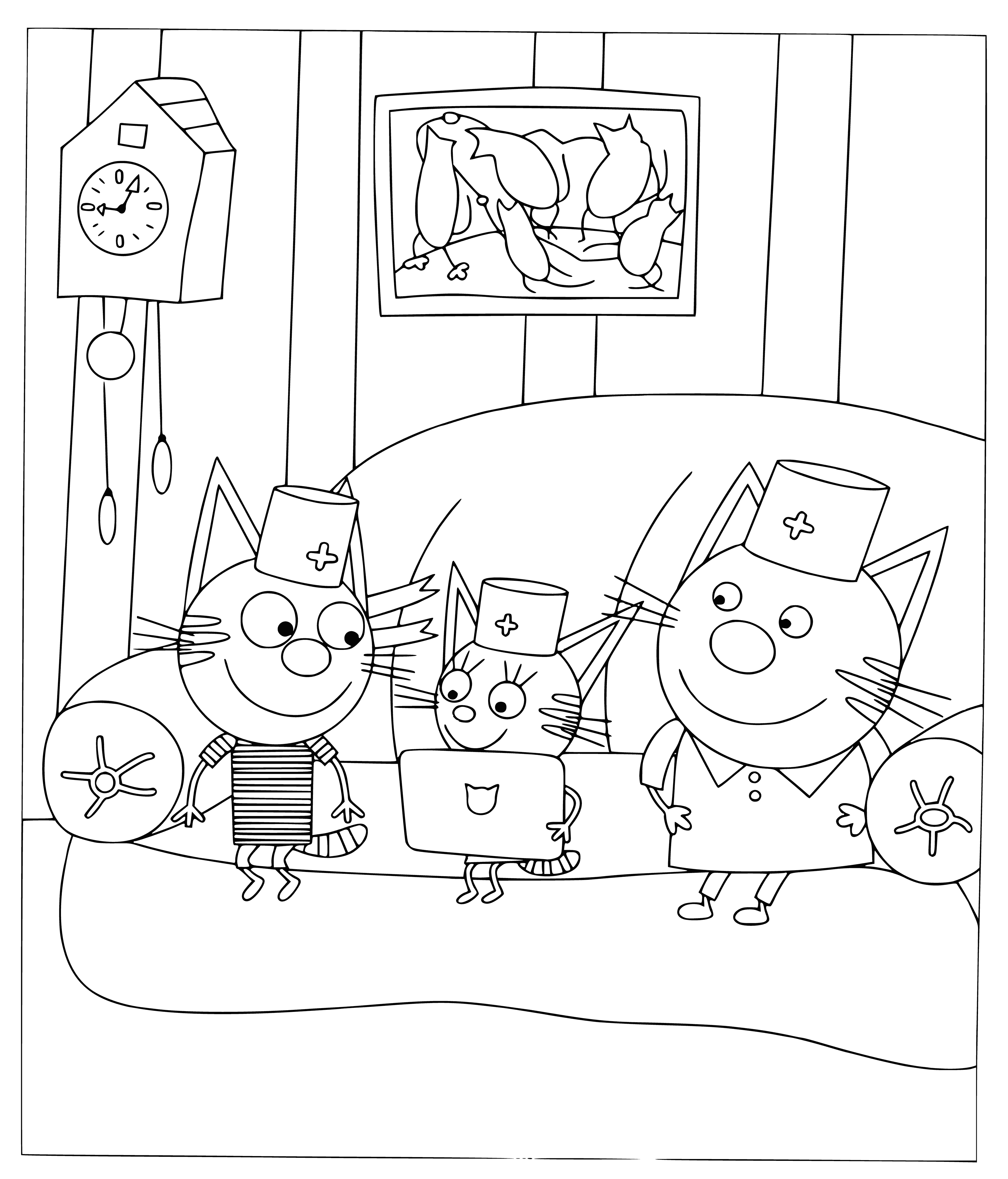 coloring page: 3 cats: 2 kittens playing doctor (1 w/ stethoscope, 1 w/ thermometer); 1 adult sitting nearby. #coloringpage