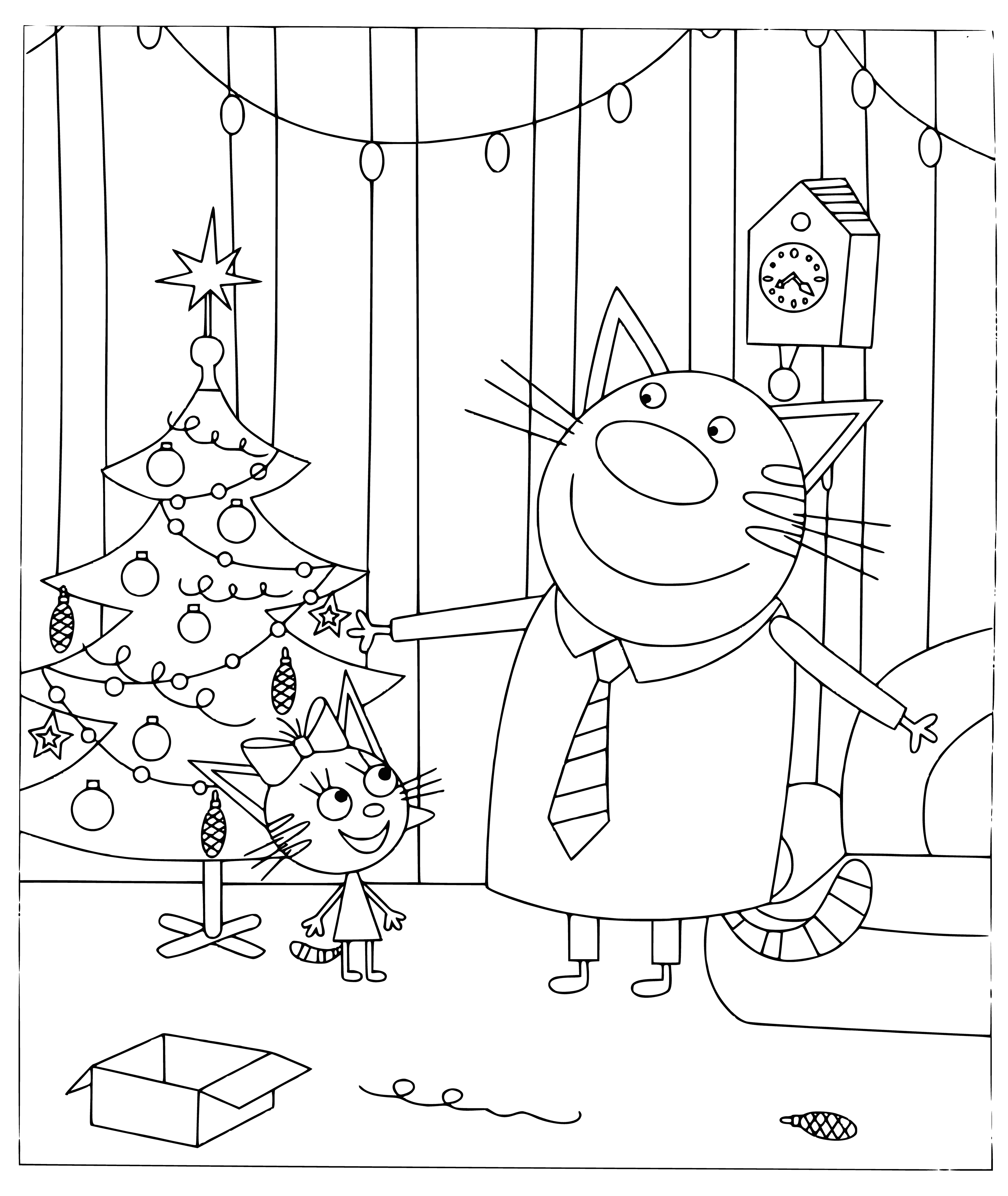coloring page: 3 cats in coloring page: 1 stands, 1 stands next to it, and 1 sits on ground, all looking at the Christmas tree.