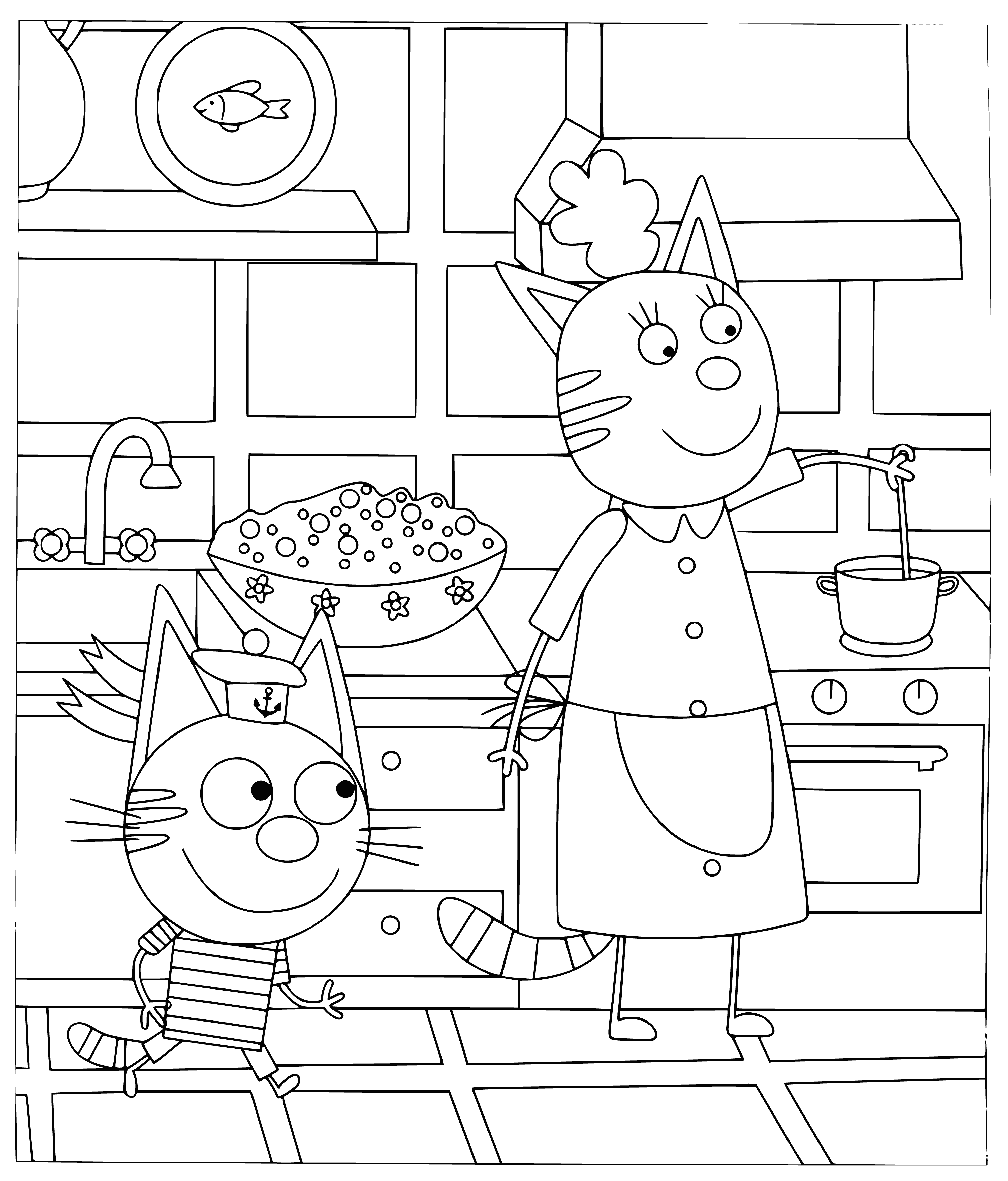 coloring page: 3 cats: 1 black&white on counter, 2 orange&white on floor looking & eating from separate bowls of food.