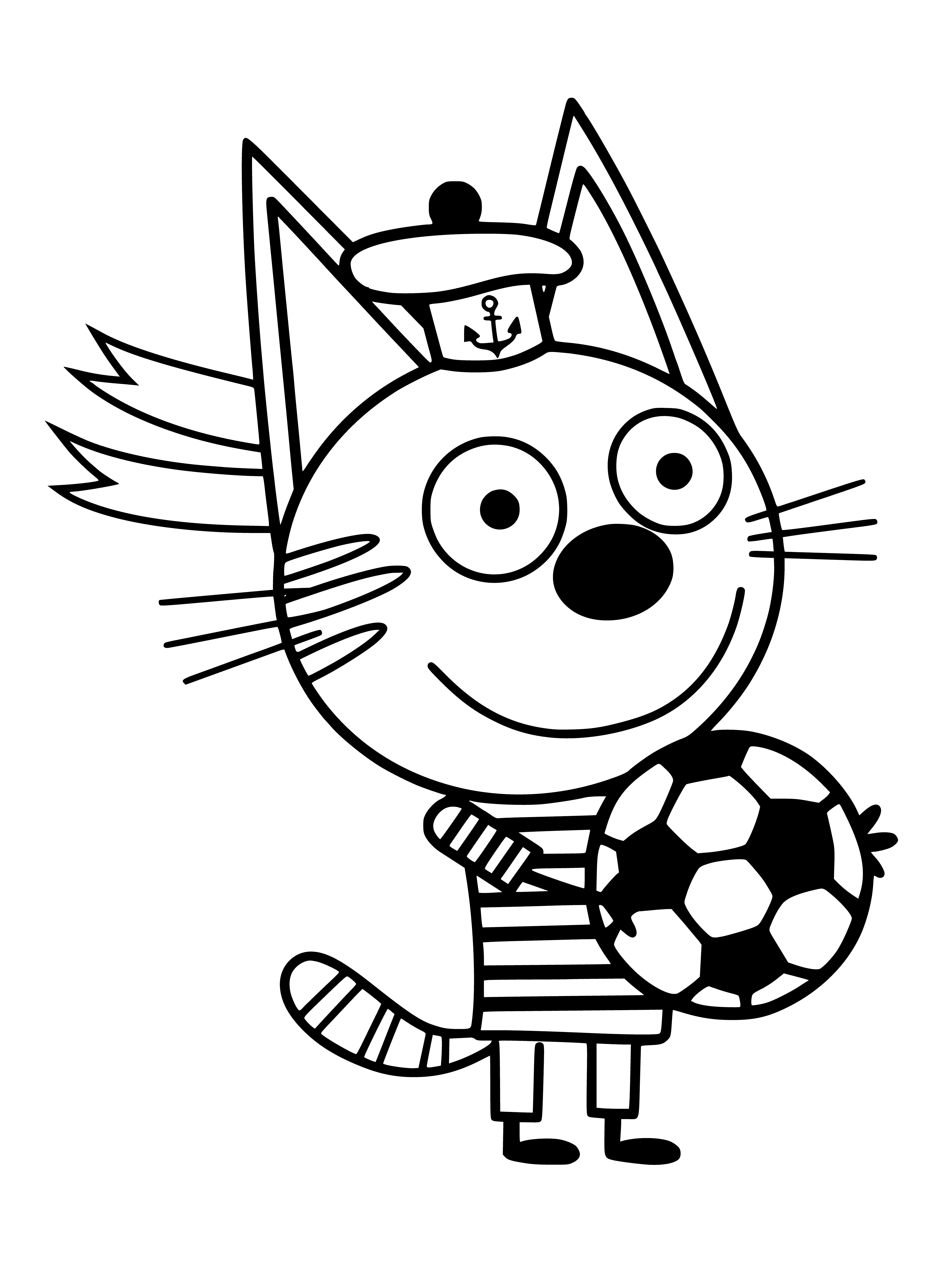 coloring page: Three cats: Cookie (tan/white, black nose), Tan/White (black nose), All Black (sitting behind soccer ball).