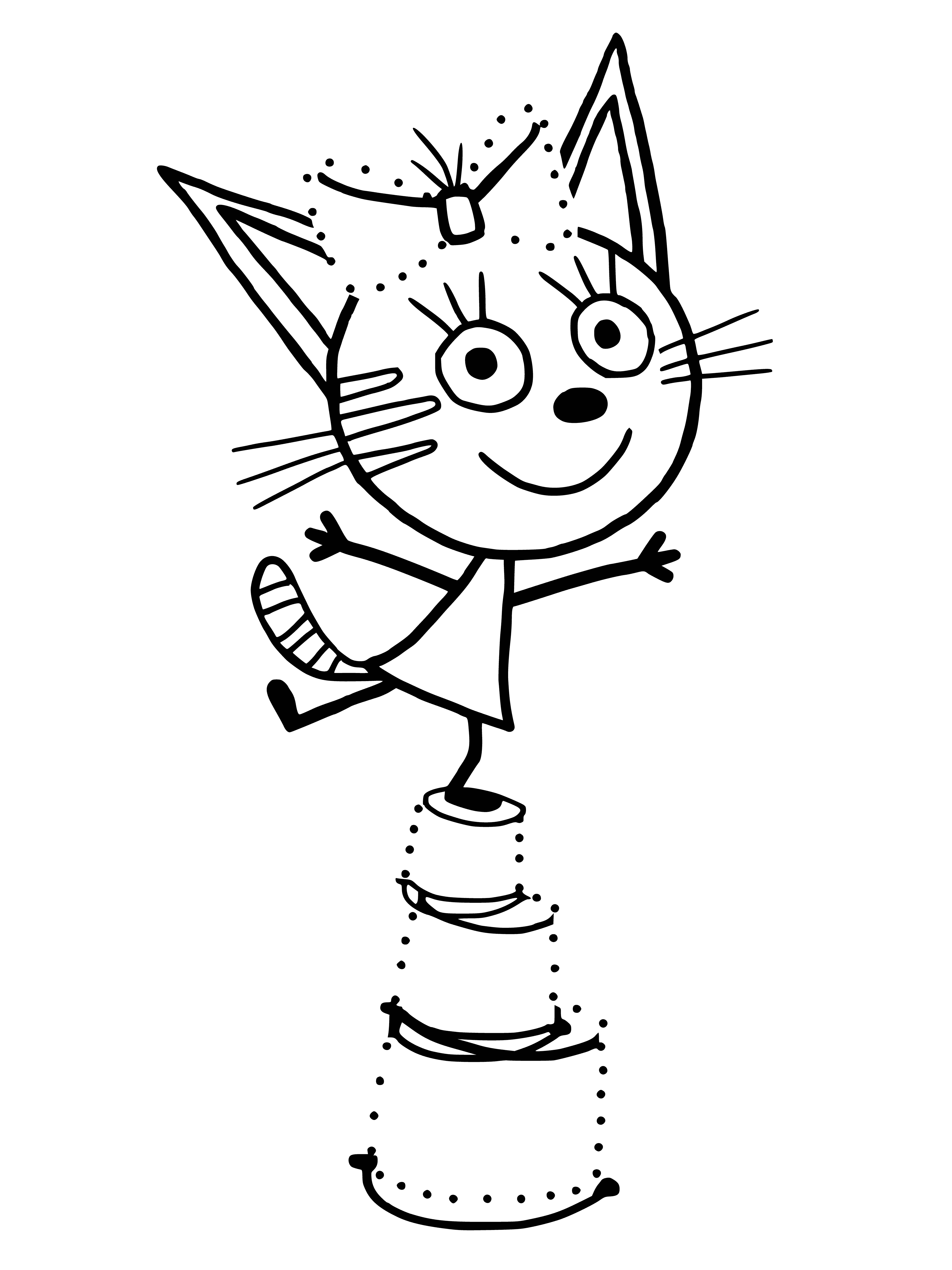 coloring page: 3 cats sitting: 2 facing each other with tails crossed, 1 looking at them.