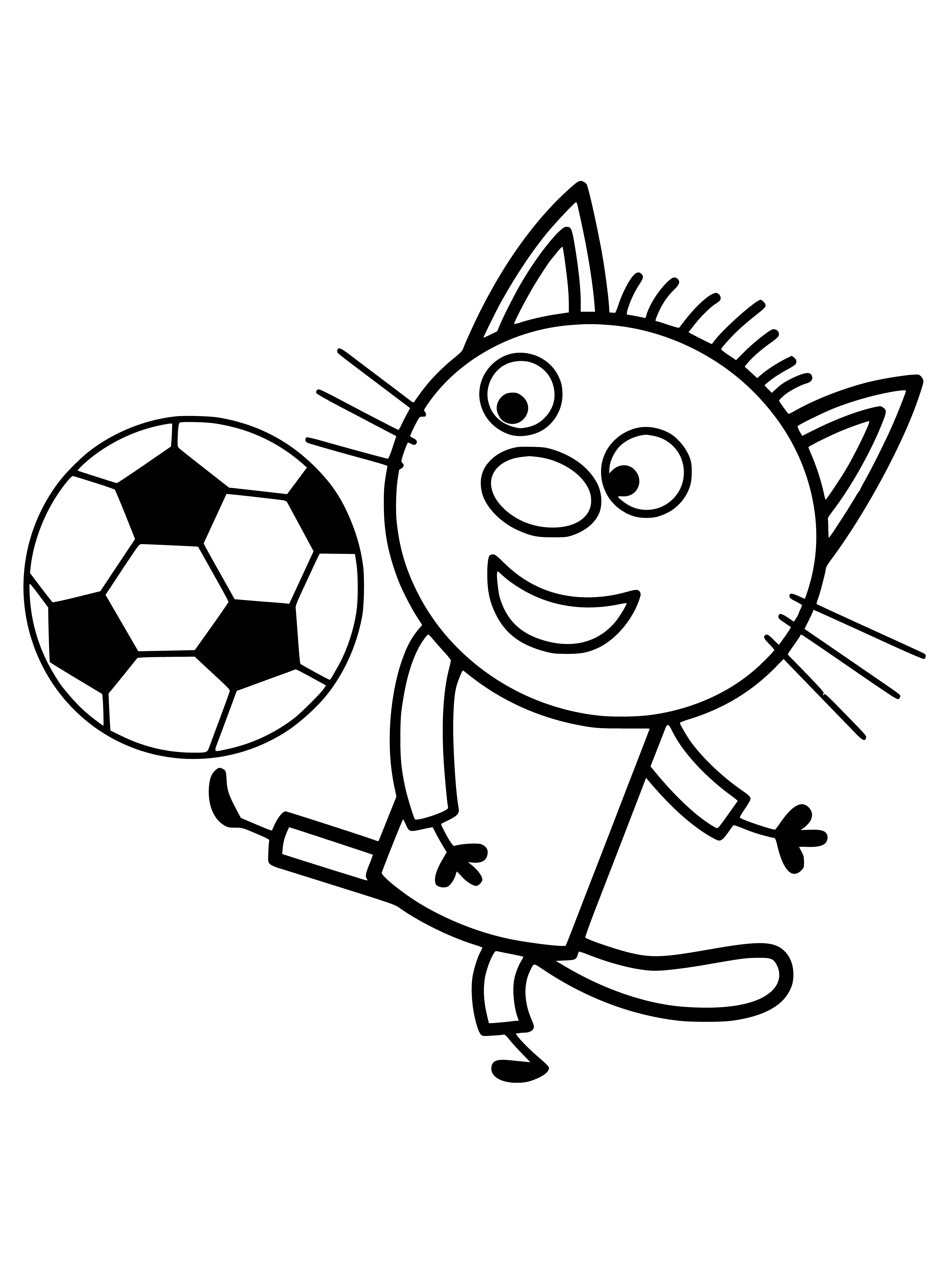 coloring page: Three cats playing together: black & white w/ soccer ball, one all black, one all white.