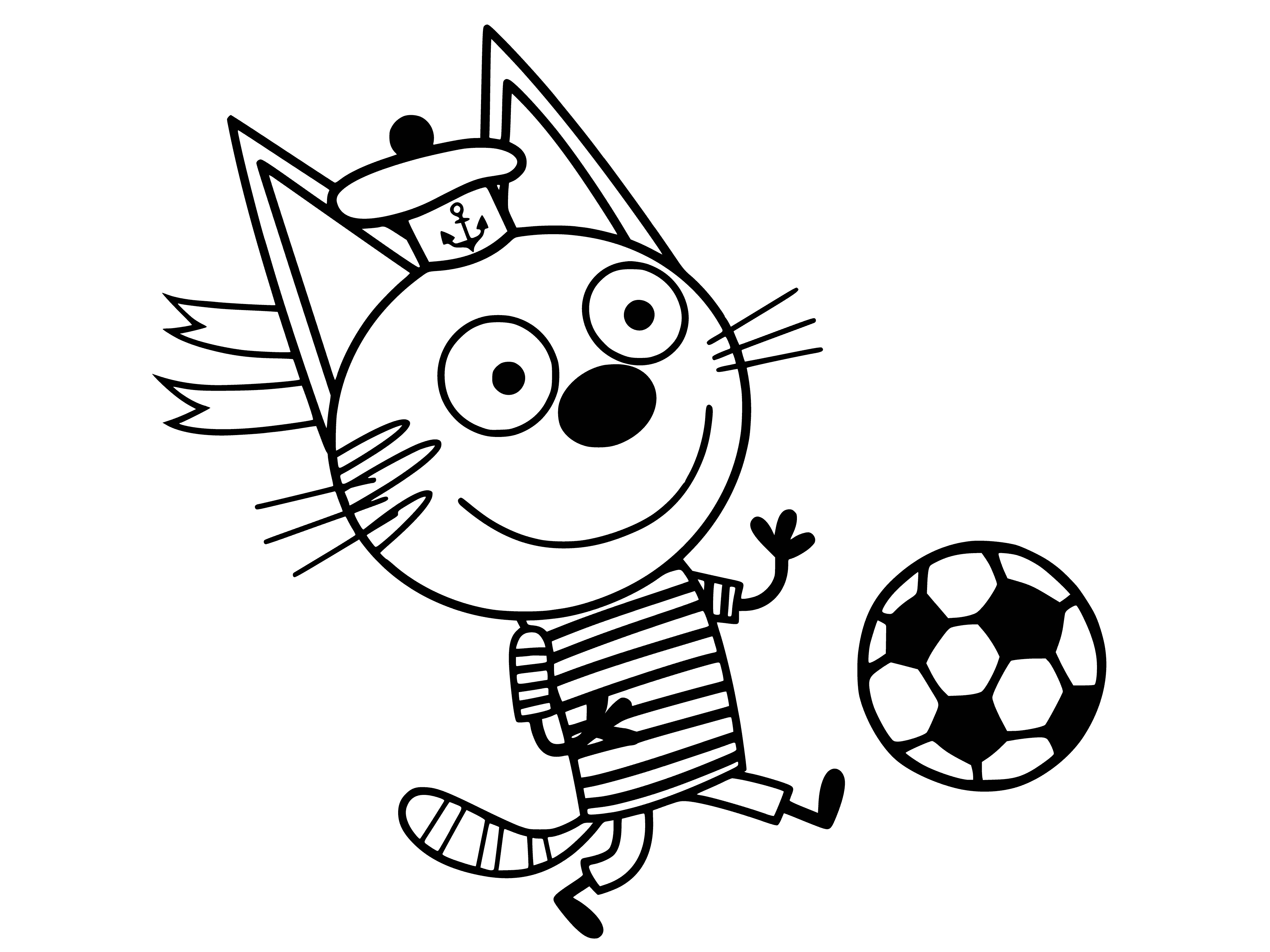 coloring page: 3 cats in coloring page: Korzhik (brown/white) loves football and 2 black/white cats standing on either side of him w/tongues out.