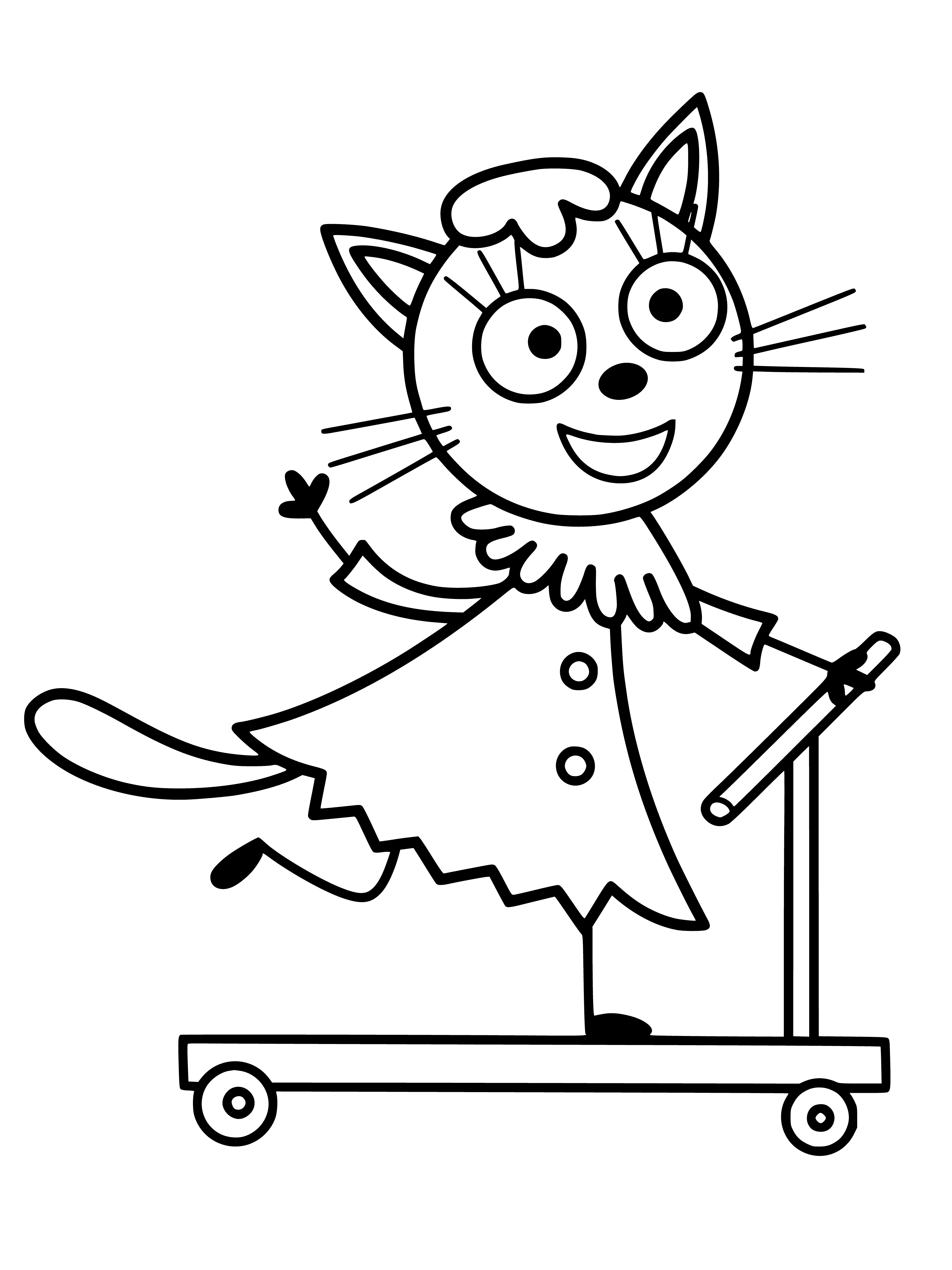 coloring page: Three cats ride a purple scooter, two gray and white, one black and white. All tails in the air!