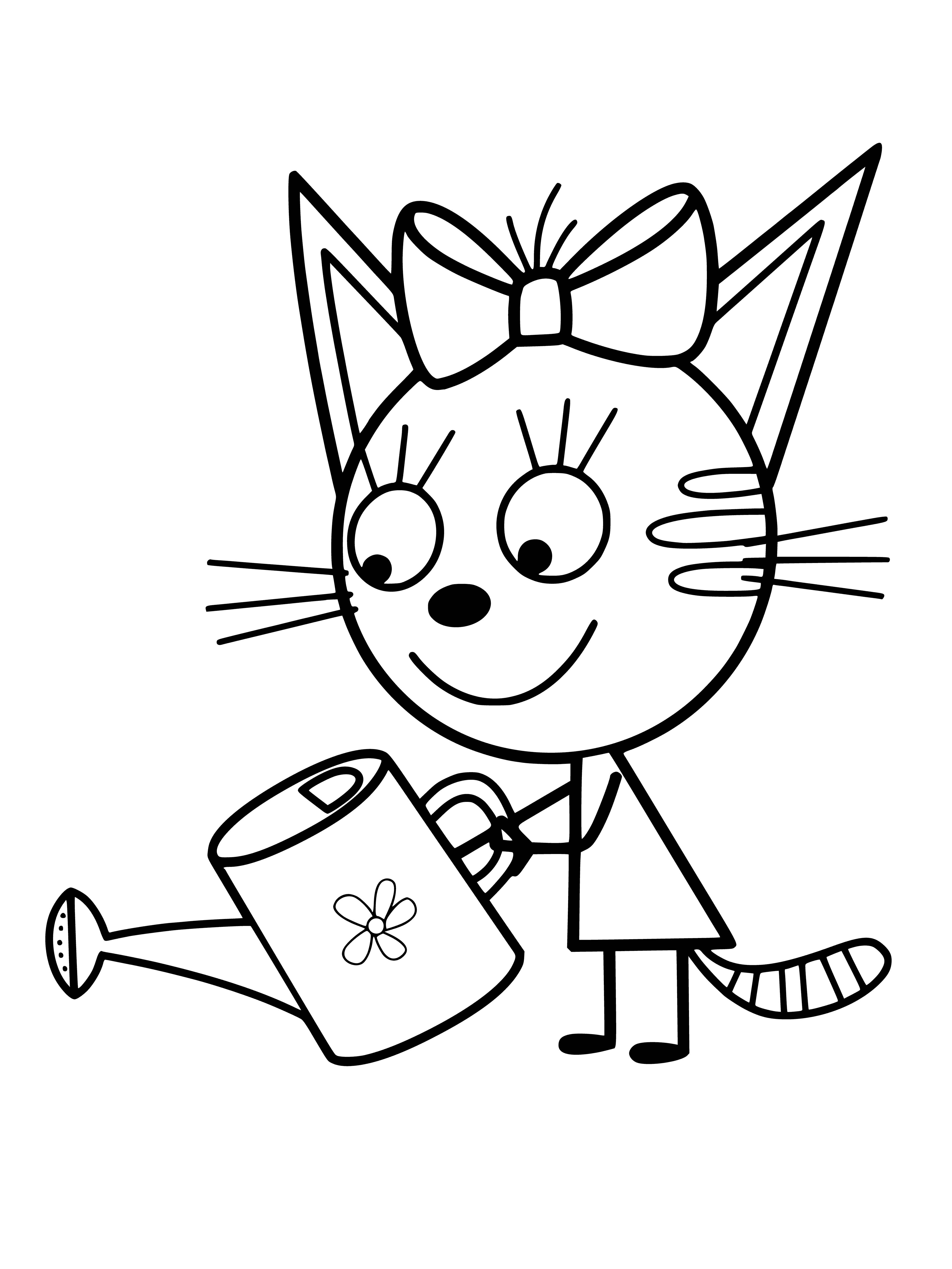 coloring page: 3 cats w/ diff. color coats pose on hind legs w/ front paws up & watering cans in mouths.