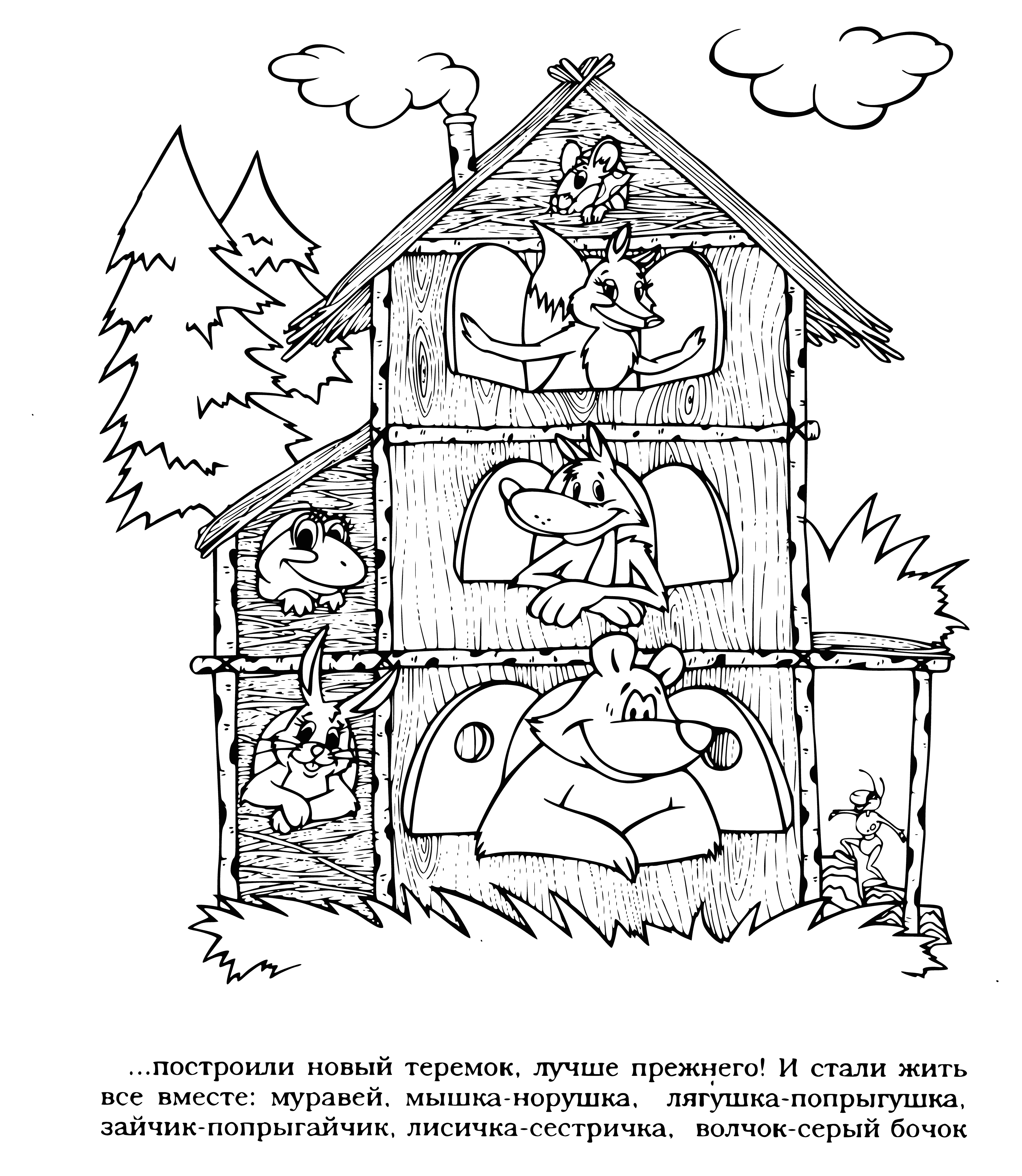 coloring page: A teremok with chicken legs standing in a meadow with a river, a black cat in a golden boat with a girl and boy holding hands.