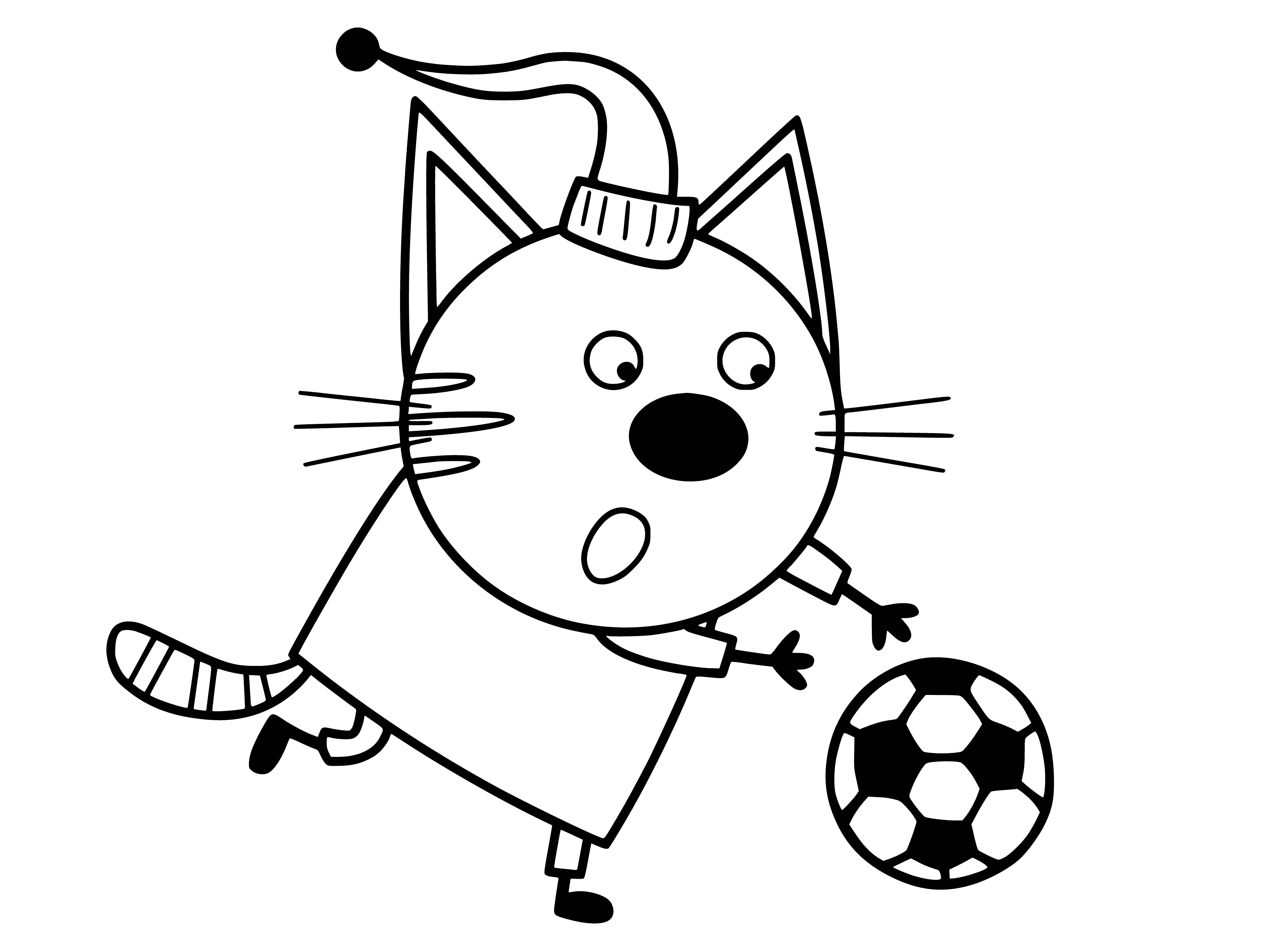 coloring page: 3 cats in coloring page: 1 chasing a ball, 2 watching, 3 sitting.