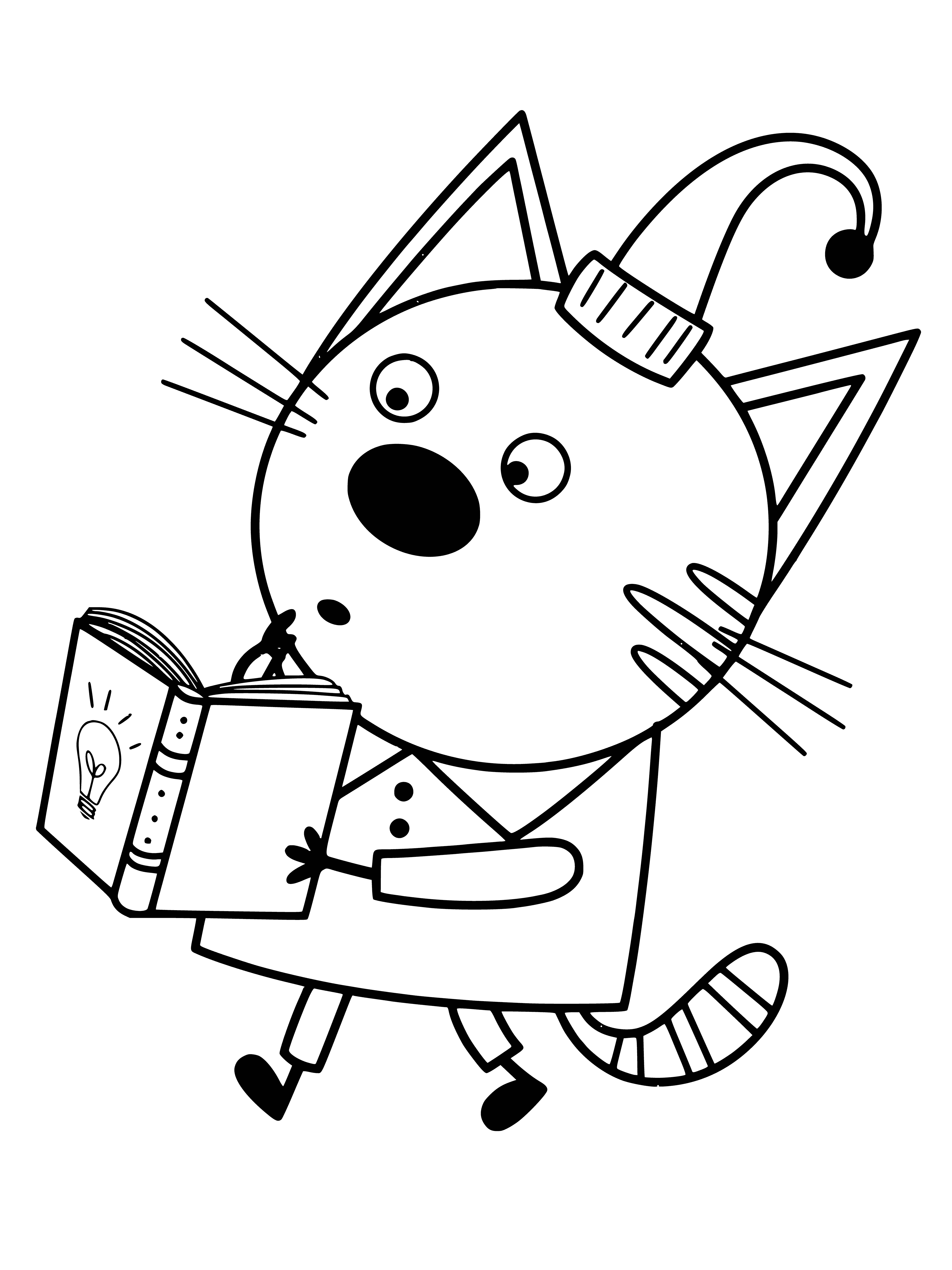 coloring page: Three cats of diff. colors stand on a plate w/ spoon next to it.