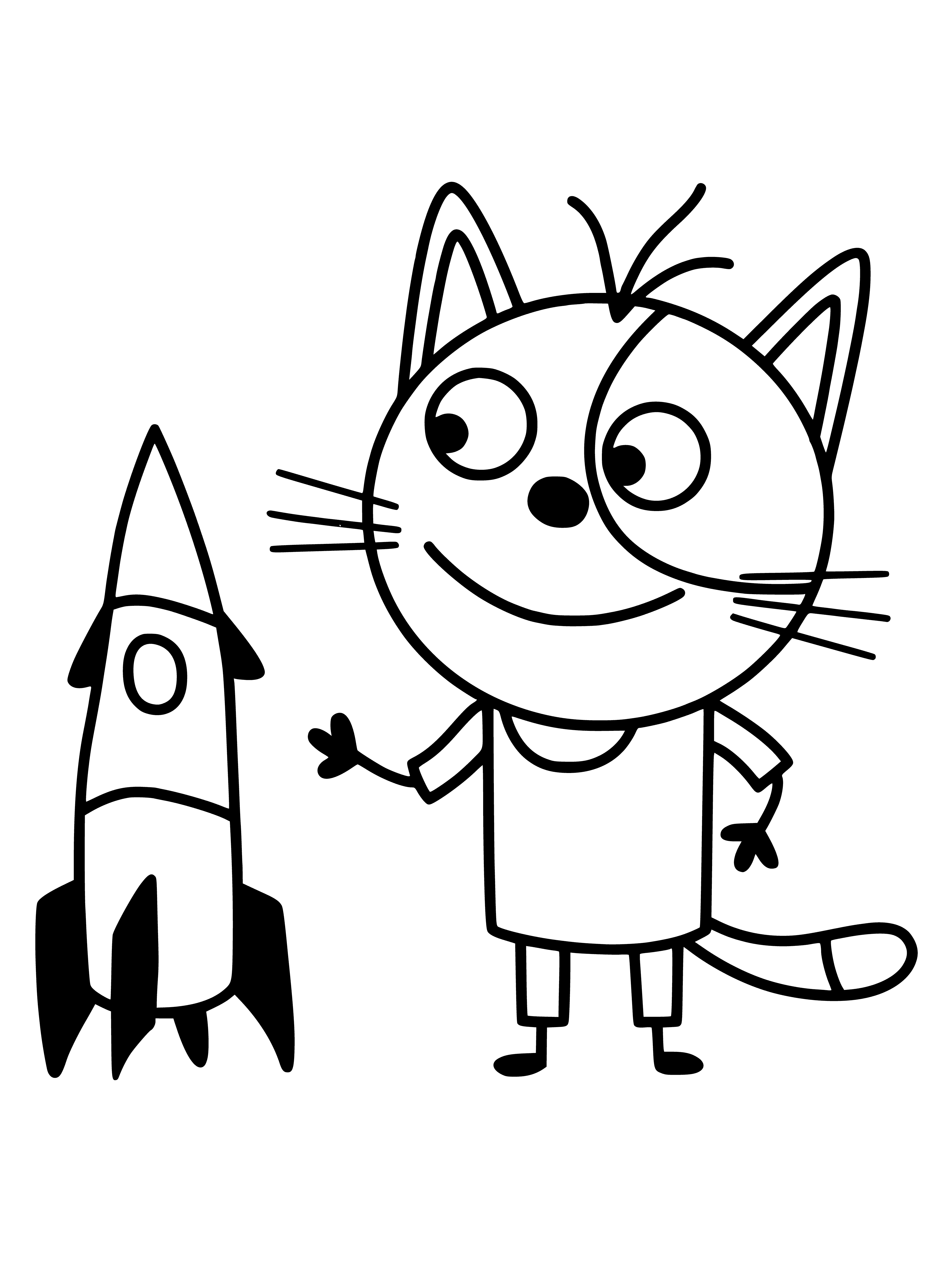 coloring page: Cats chasing a rocket launch: one airborne and two running on ground!