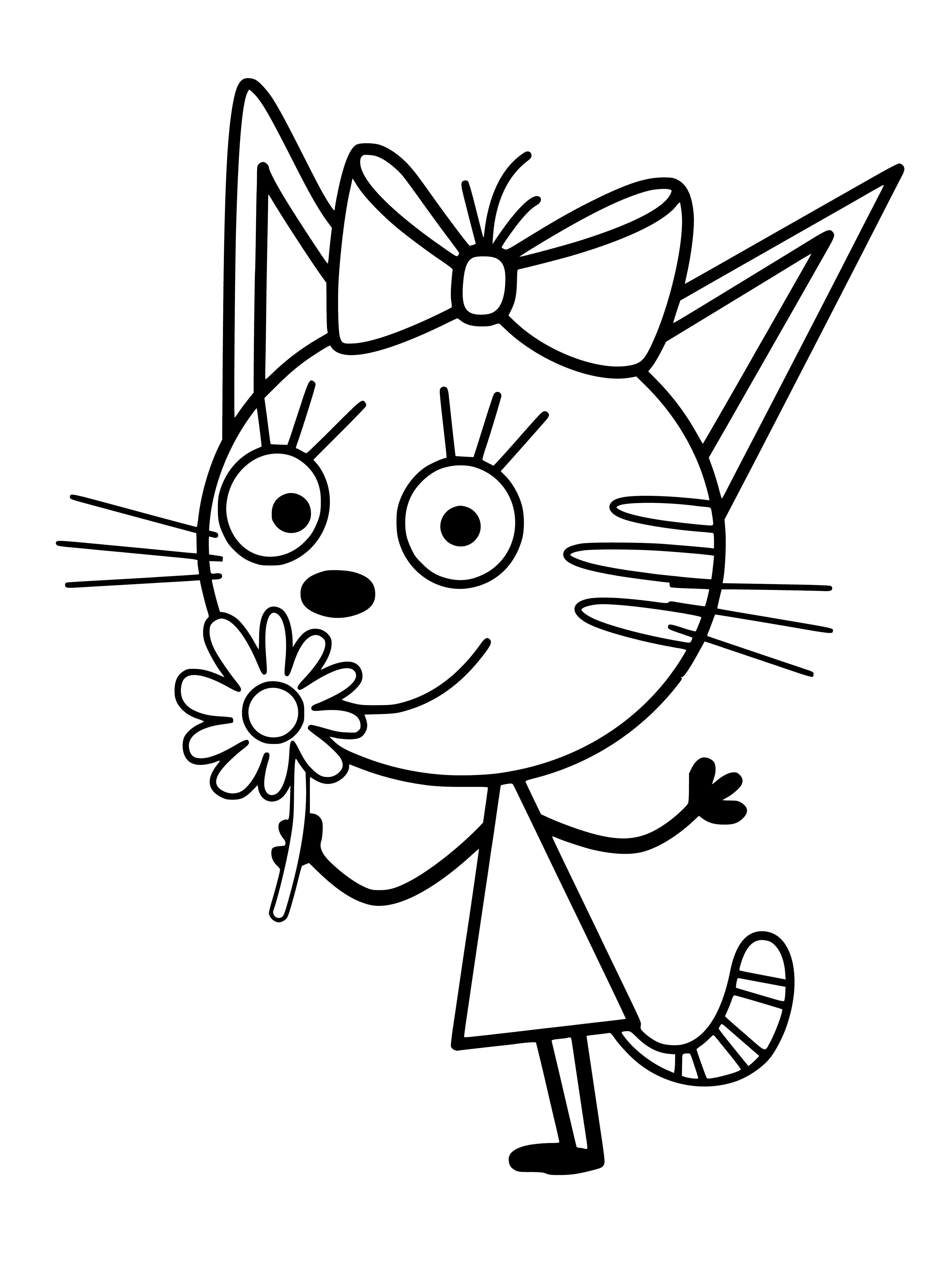 Two cats watch as a light brown one leans over a pink flower. All have different colored eyes and expressions, from serious to playful.