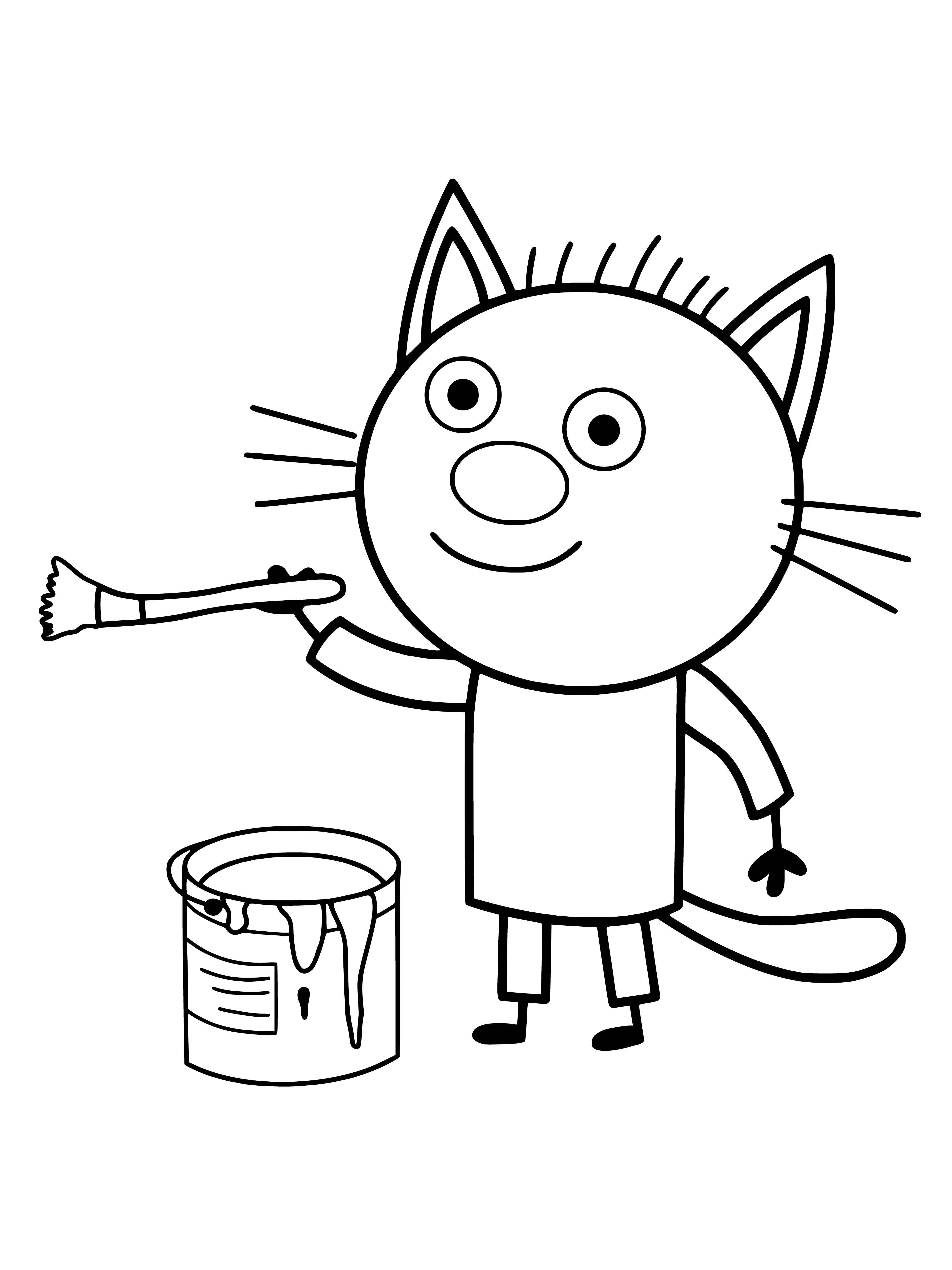 coloring page: 3 cats in coloring page- 2 black, 1 white. One faces camera, other 2 looking away.