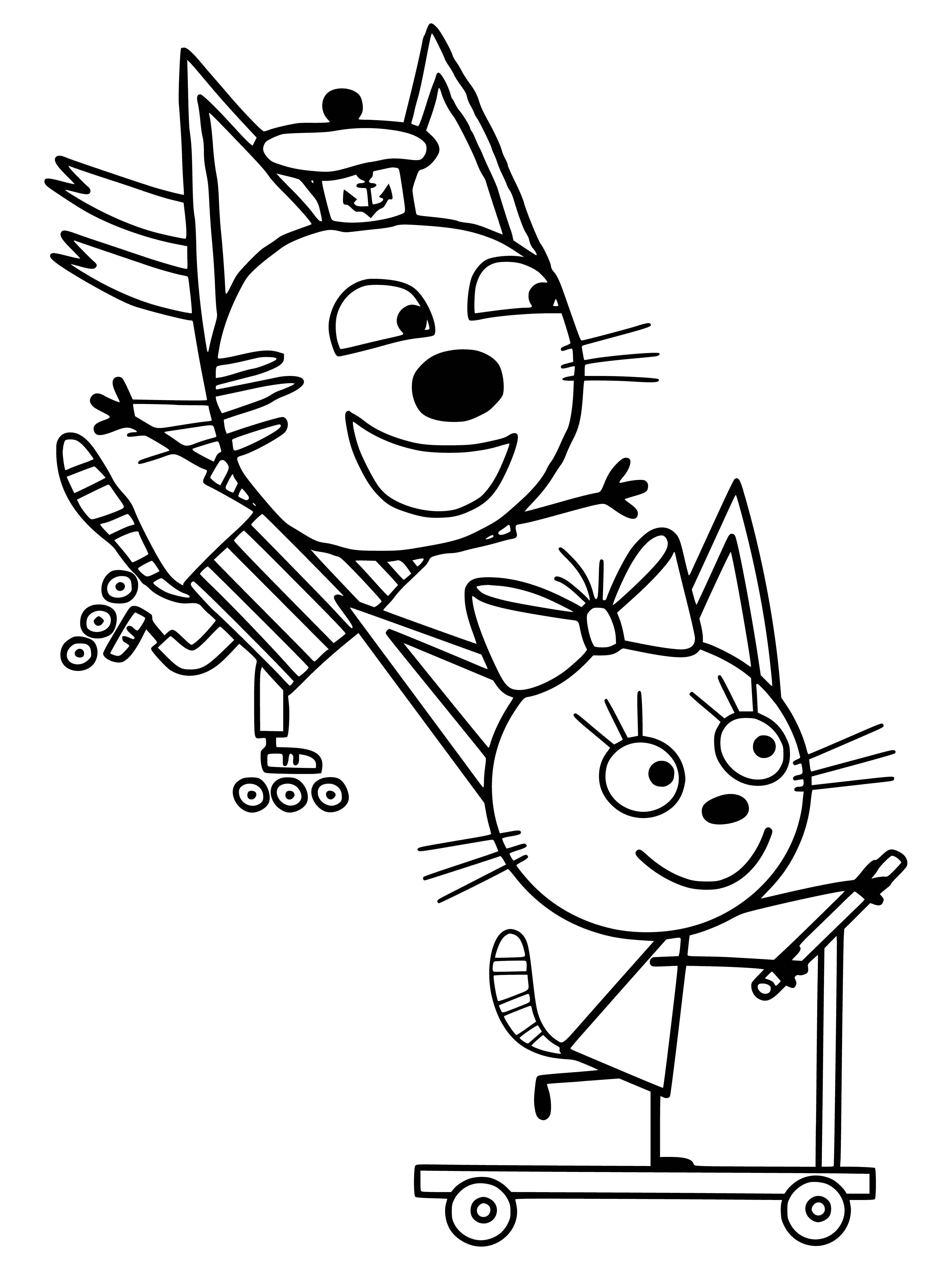 coloring page: Cats in foreground look at something to the right, while a third tortoiseshell cat observes in the background.