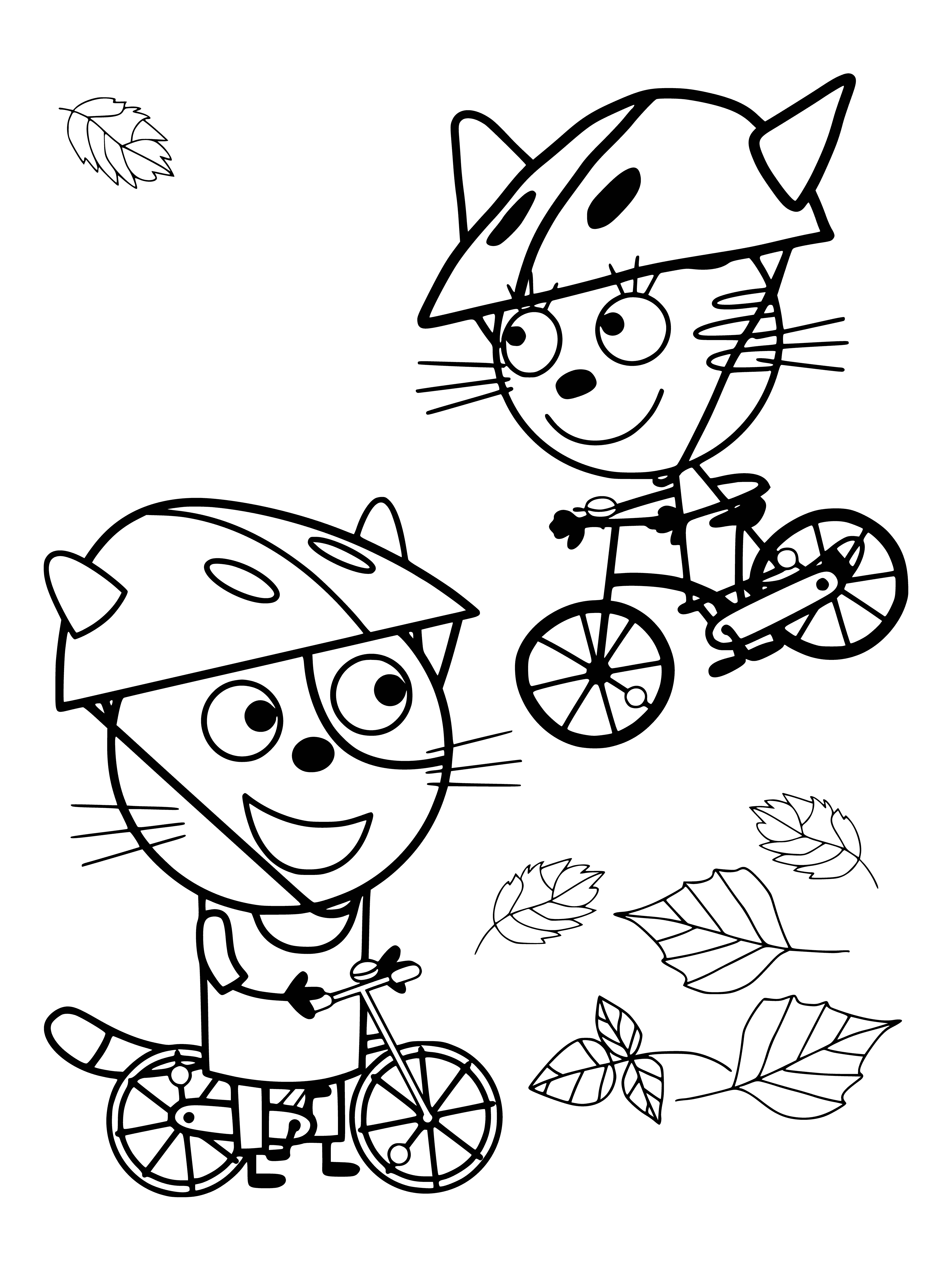 coloring page: Two cats, Chase and Caramel, ride bicycles while the third sits on a fence in the background in this black & white coloring page.