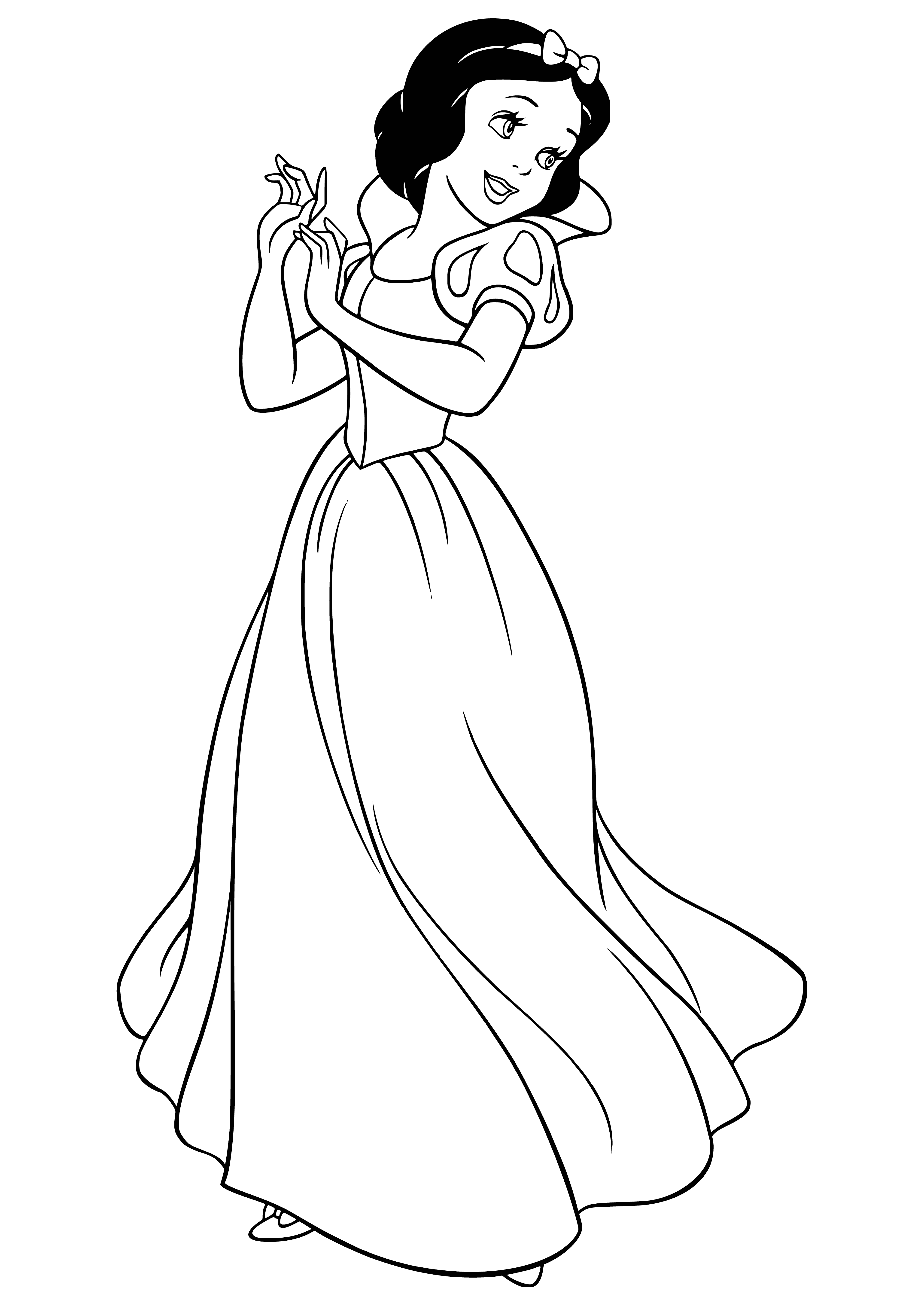 coloring page: A girl in a white dress and red cape stands surrounded by seven small men wearing oversized clothes, with round noses. She looks joyful.