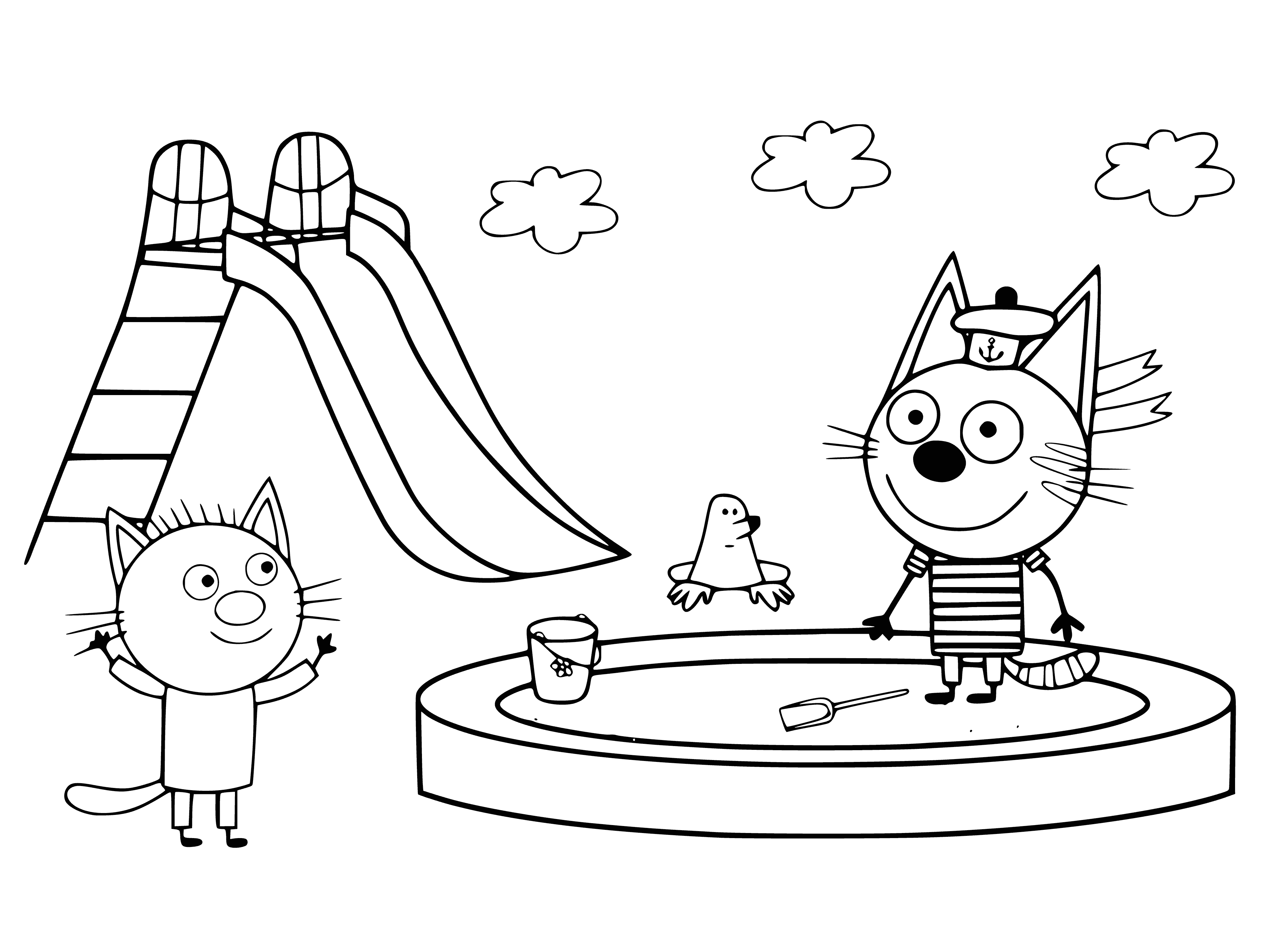 coloring page: Children laugh, swings creak as cats Sazhik (blue collar) & Korzhik (red collar) survey their kingdom atop the jungle gym.