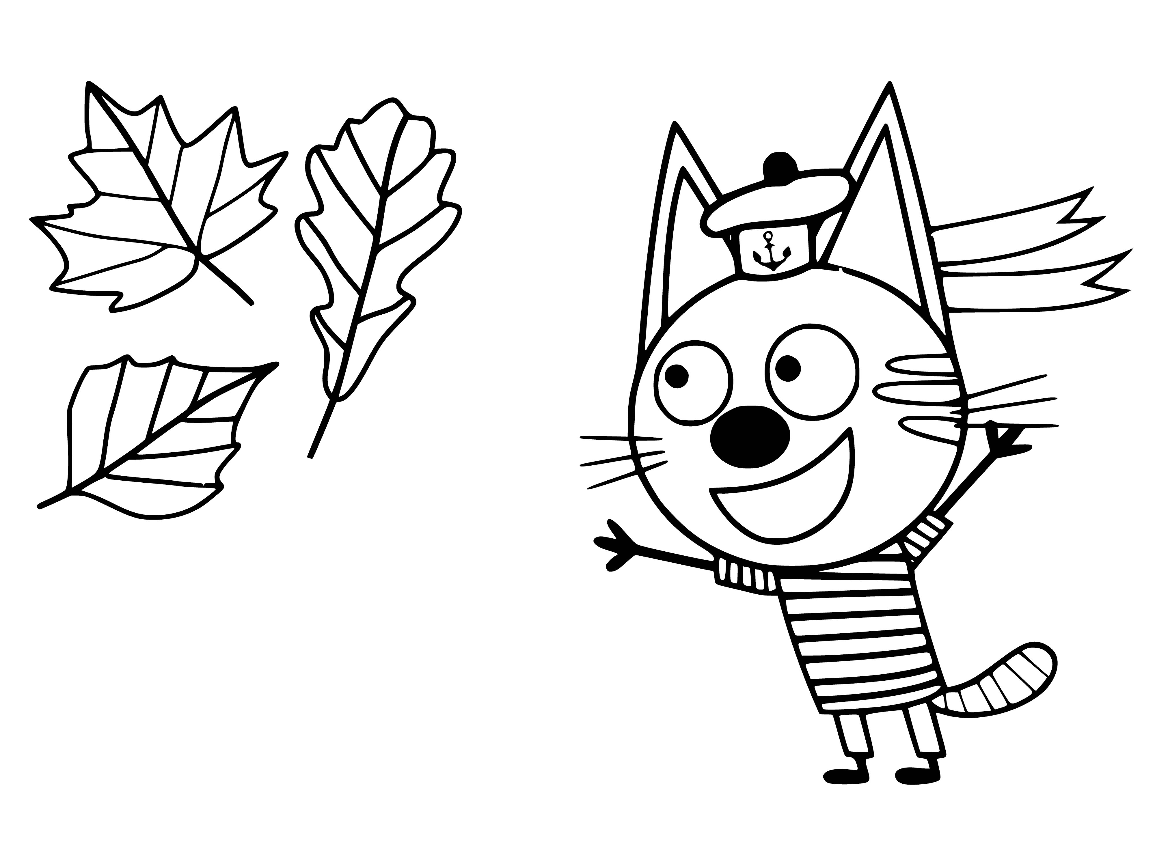 coloring page: Three cats w/brown fur, white patch/stomach, facing left/right, paws/mouths open.