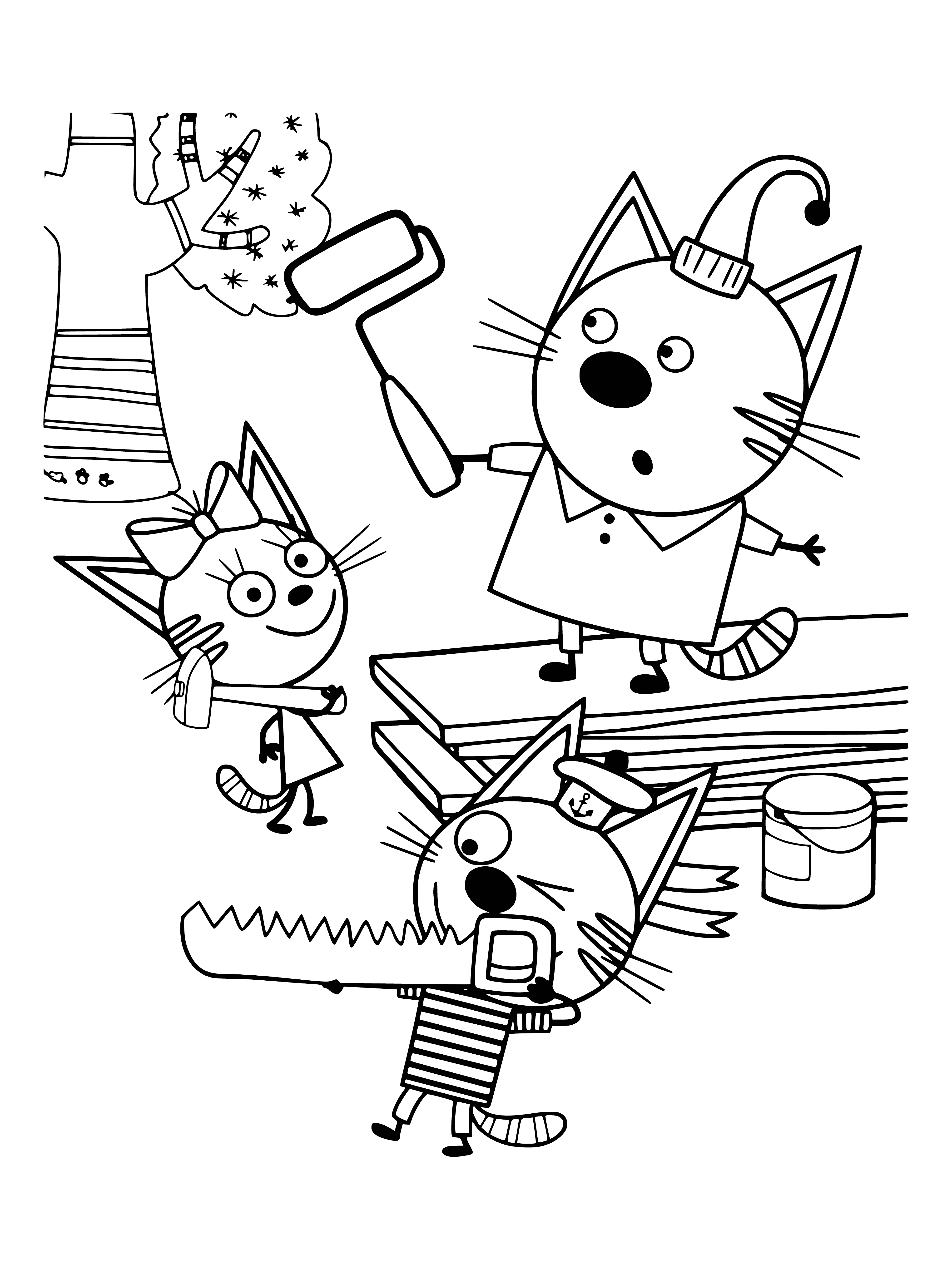 coloring page: 3 kittens on a coloring page trying to do repairs and having fun.
