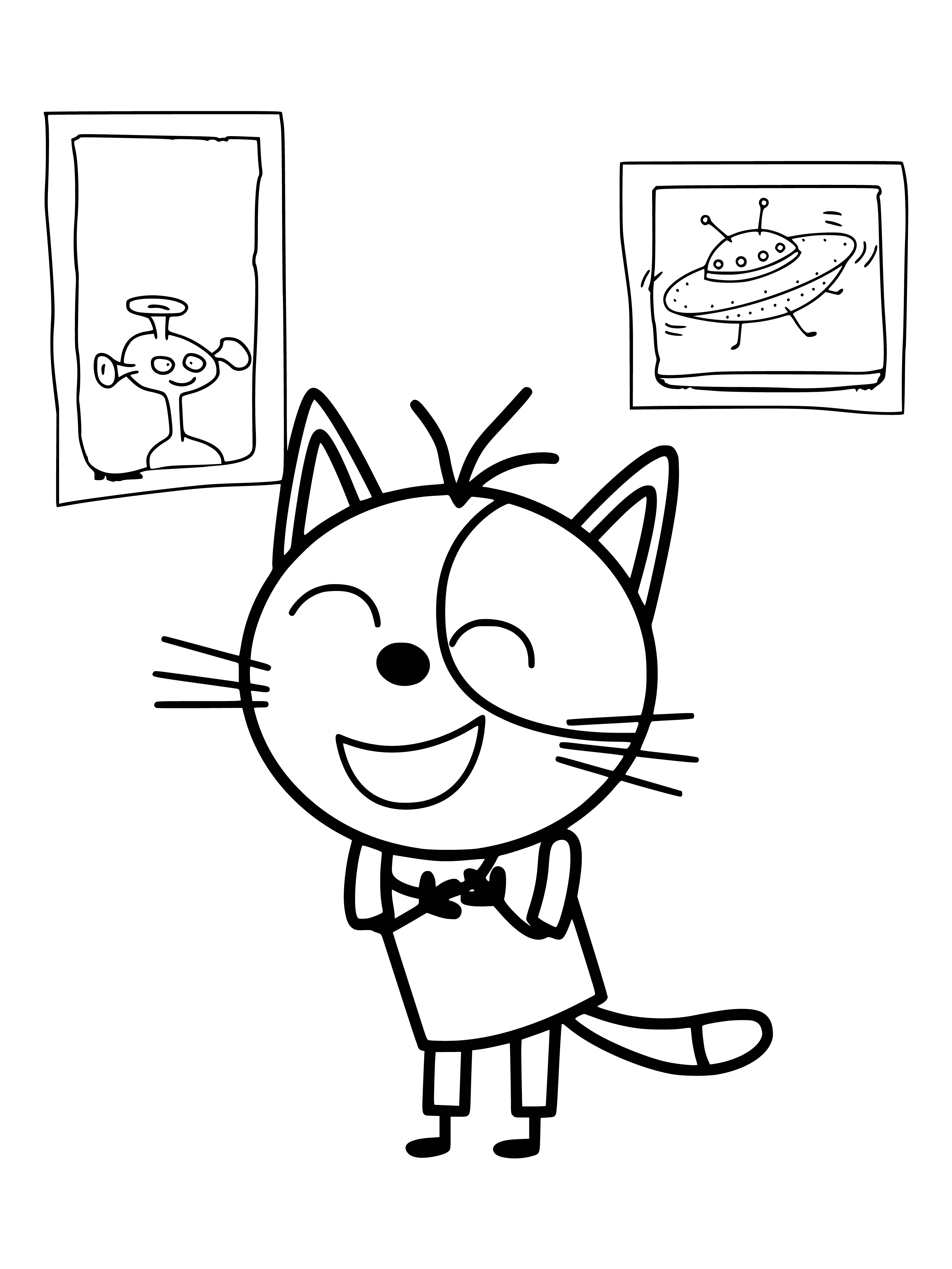 coloring page: 3 cats in coloring page; middle chases left, right watches.