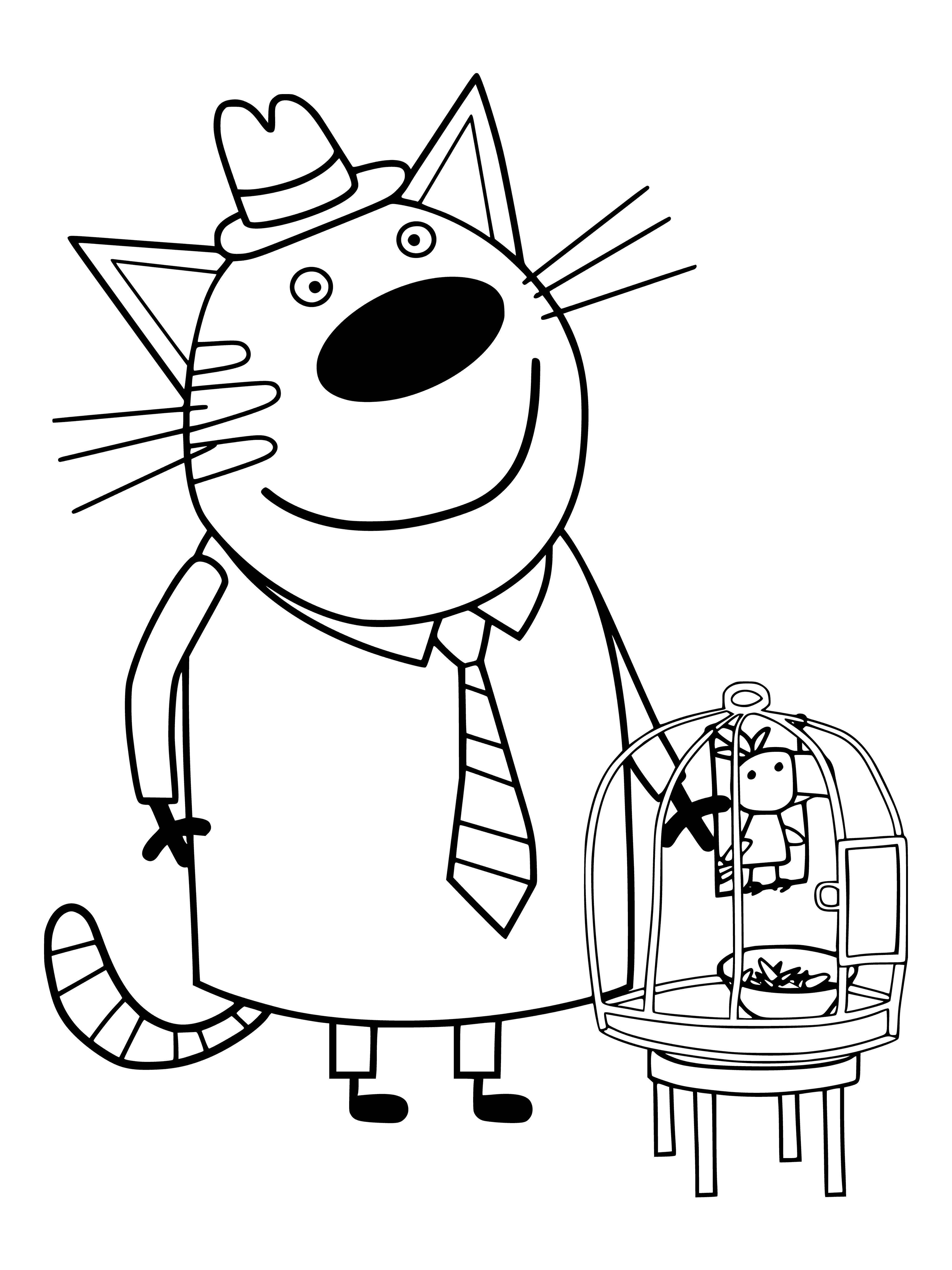 coloring page: 3 cats: an orange one turned away & 2 smaller b&w cats looking up - all on a coloring page.