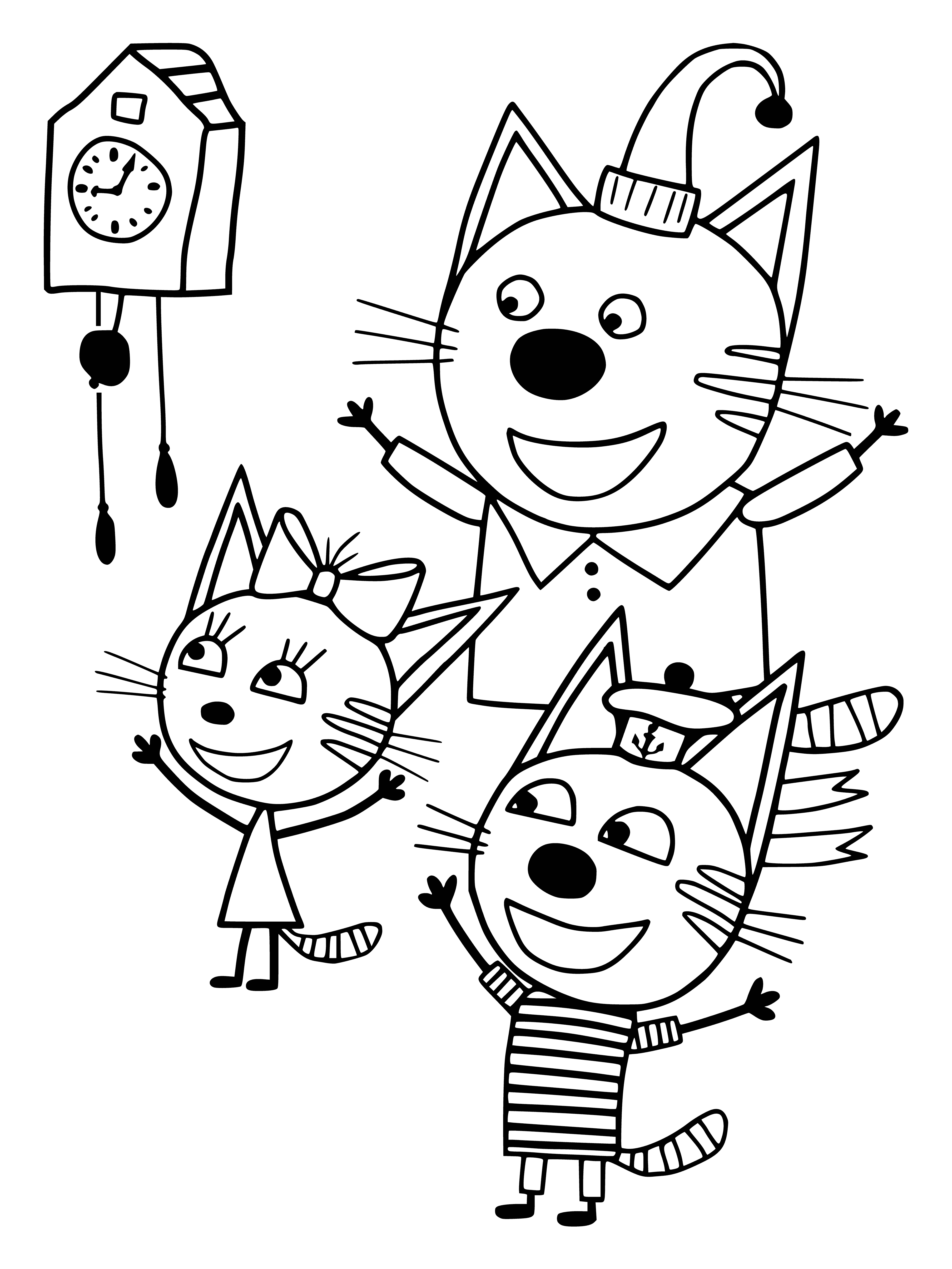 coloring page: 3 cats of diff. colors in coloring page, 2 standing, 1 lying down. All have mouths open & tongues out, looks like they're having fun.