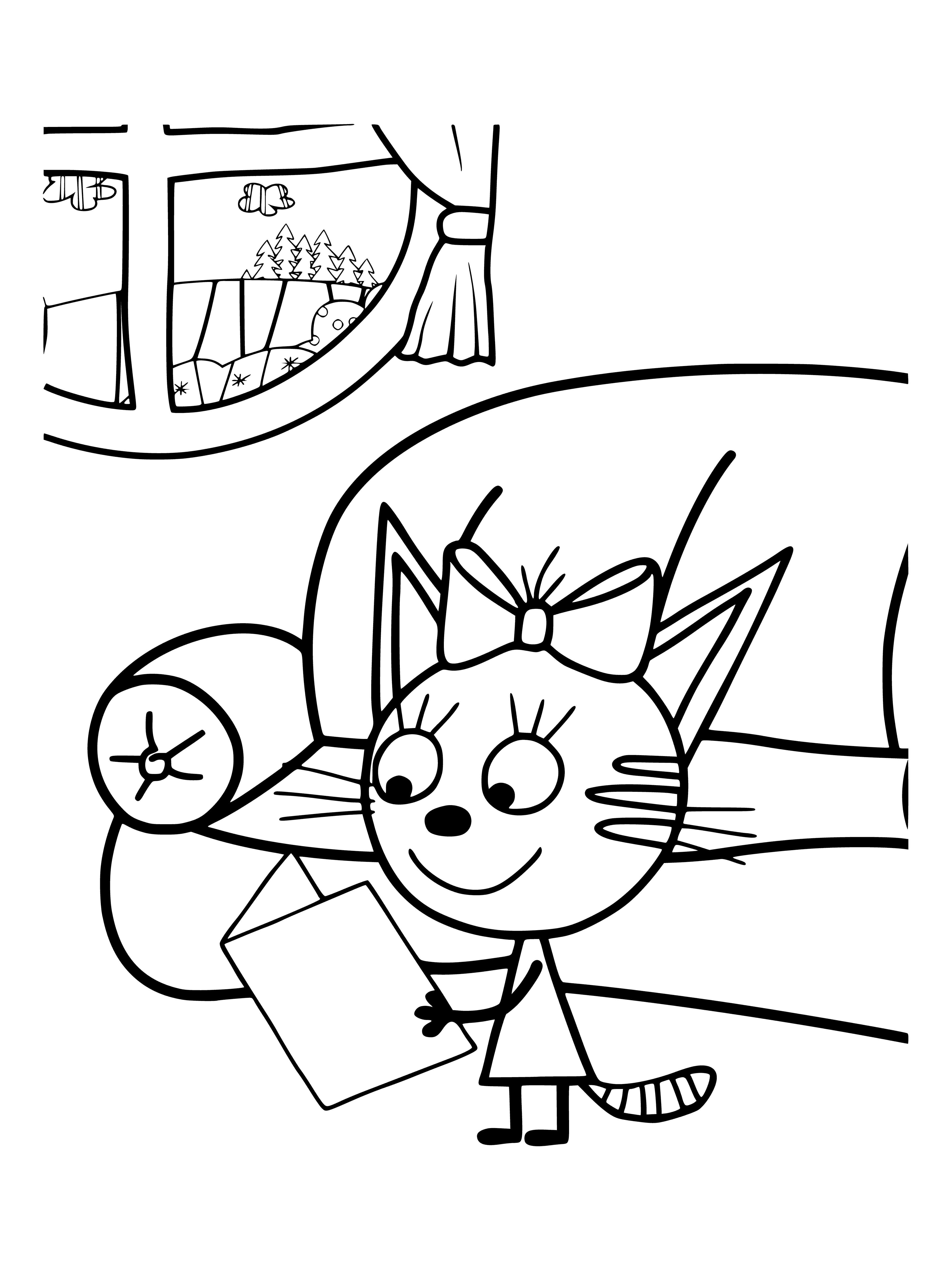 coloring page: Caramel is a light/dark brown striped cat with large green eyes & pink nose. Sitting in a green field with tall grass, her right ear has a white tip.