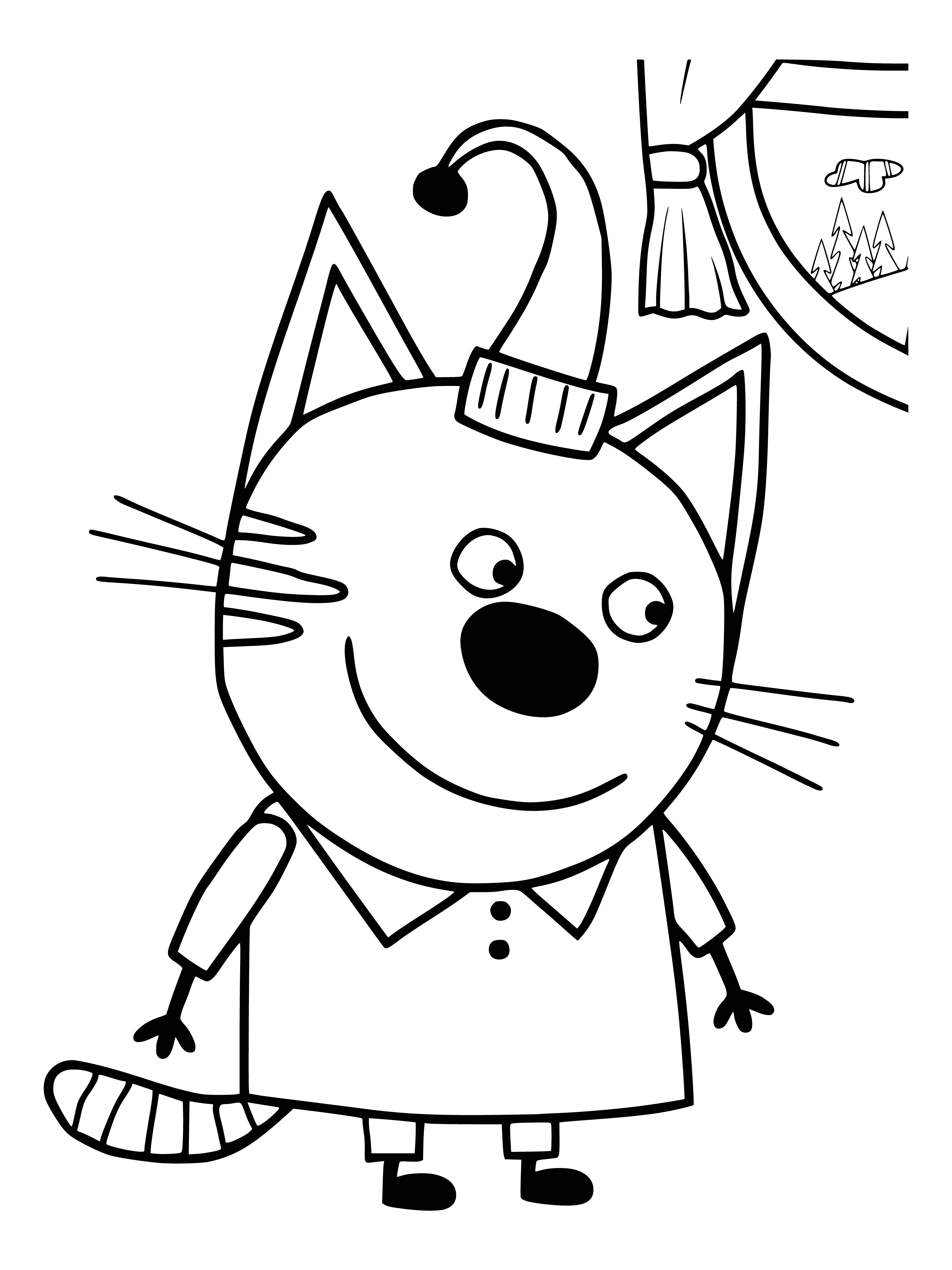 coloring page: Three cats: one grey-white, one brown-white, one black. Left is sitting, middle standing, right lying down.