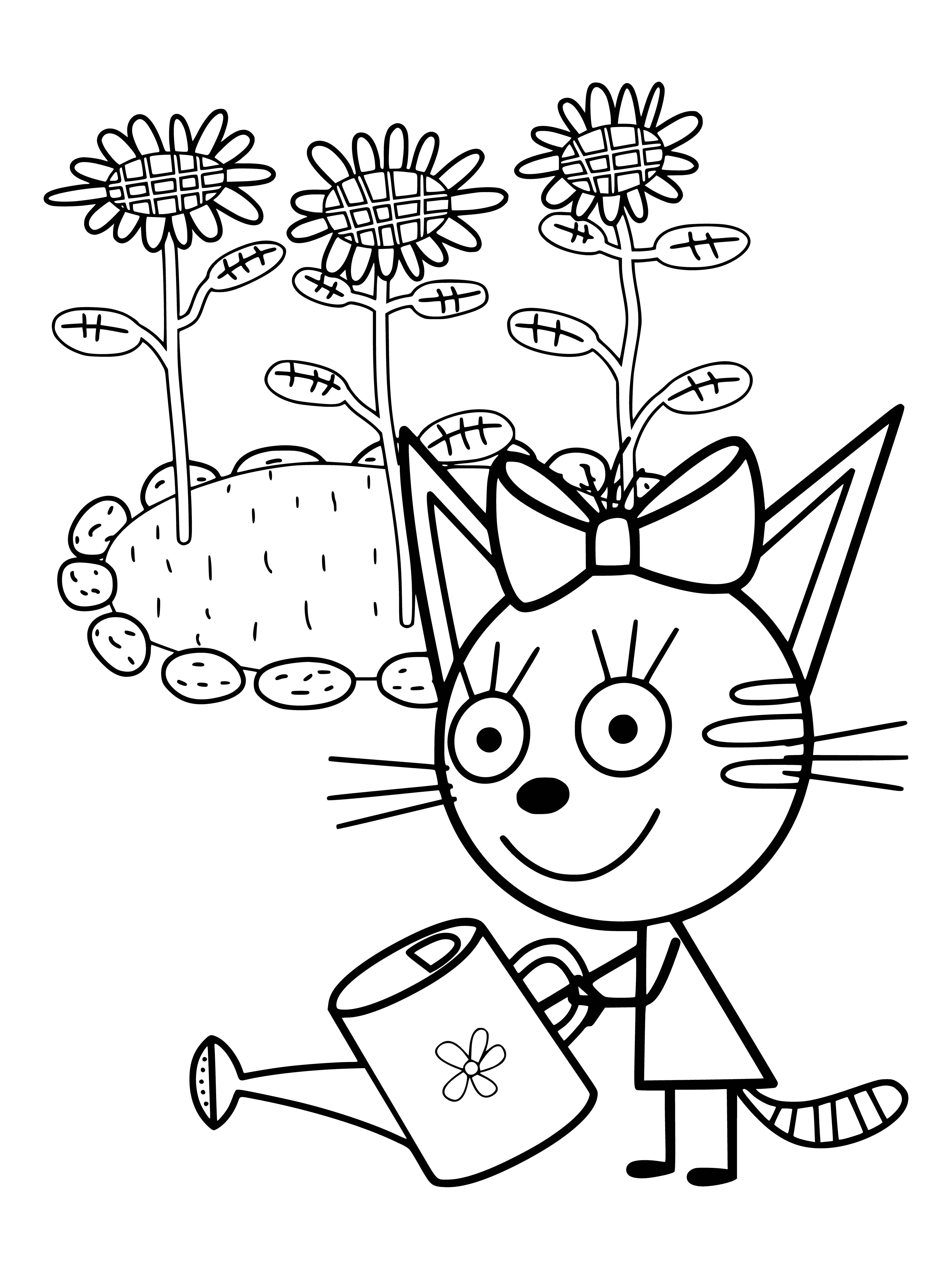 coloring page: 3 cats in coloring page - a black one sitting, one standing and one sitting. One by watering can, another by a plant.