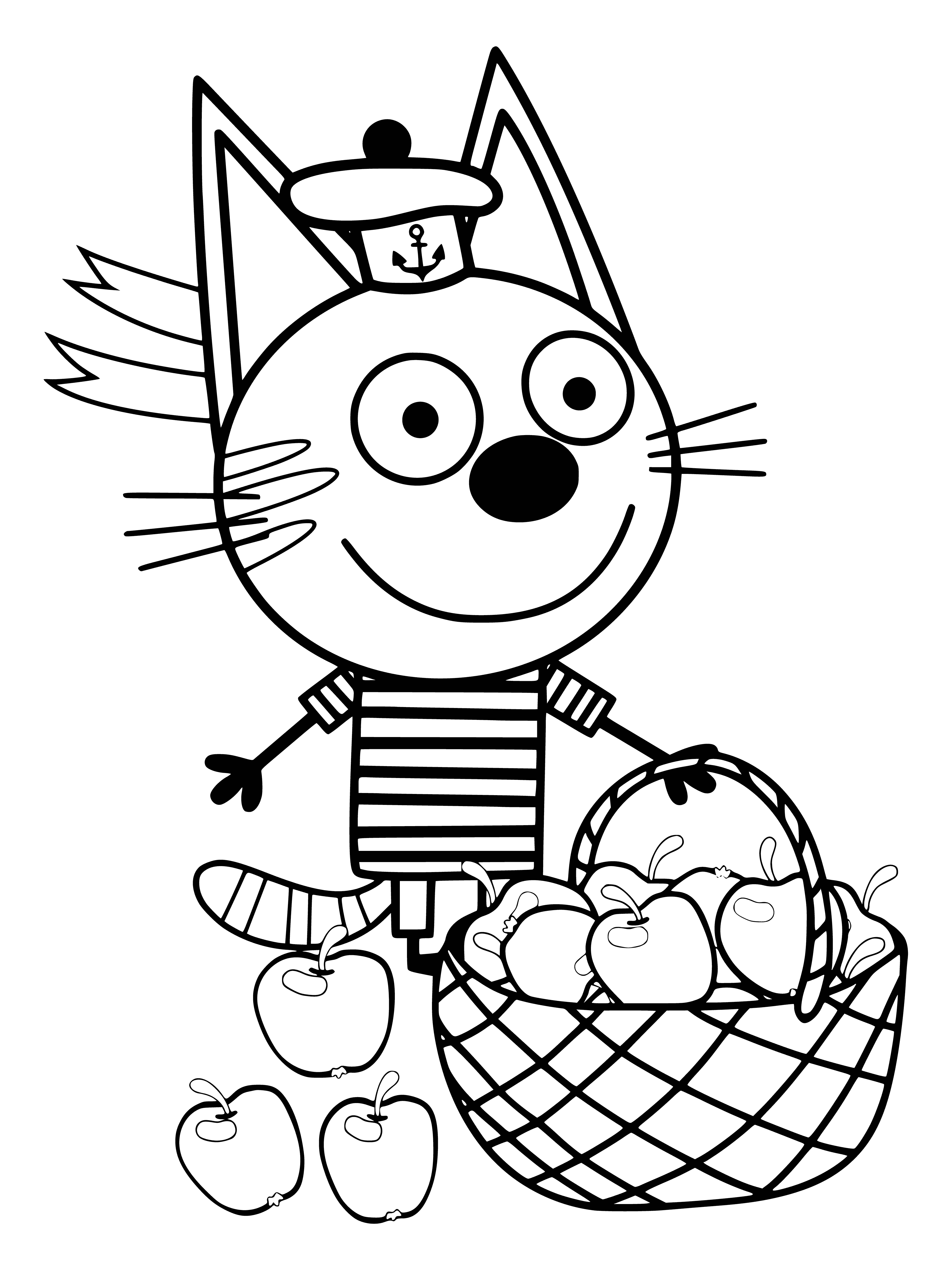 coloring page: 3 cats: tortoiseshell, black, white; all looking at a plate of apples - tortoiseshell & white on the table, black on the floor. #coloringpage
