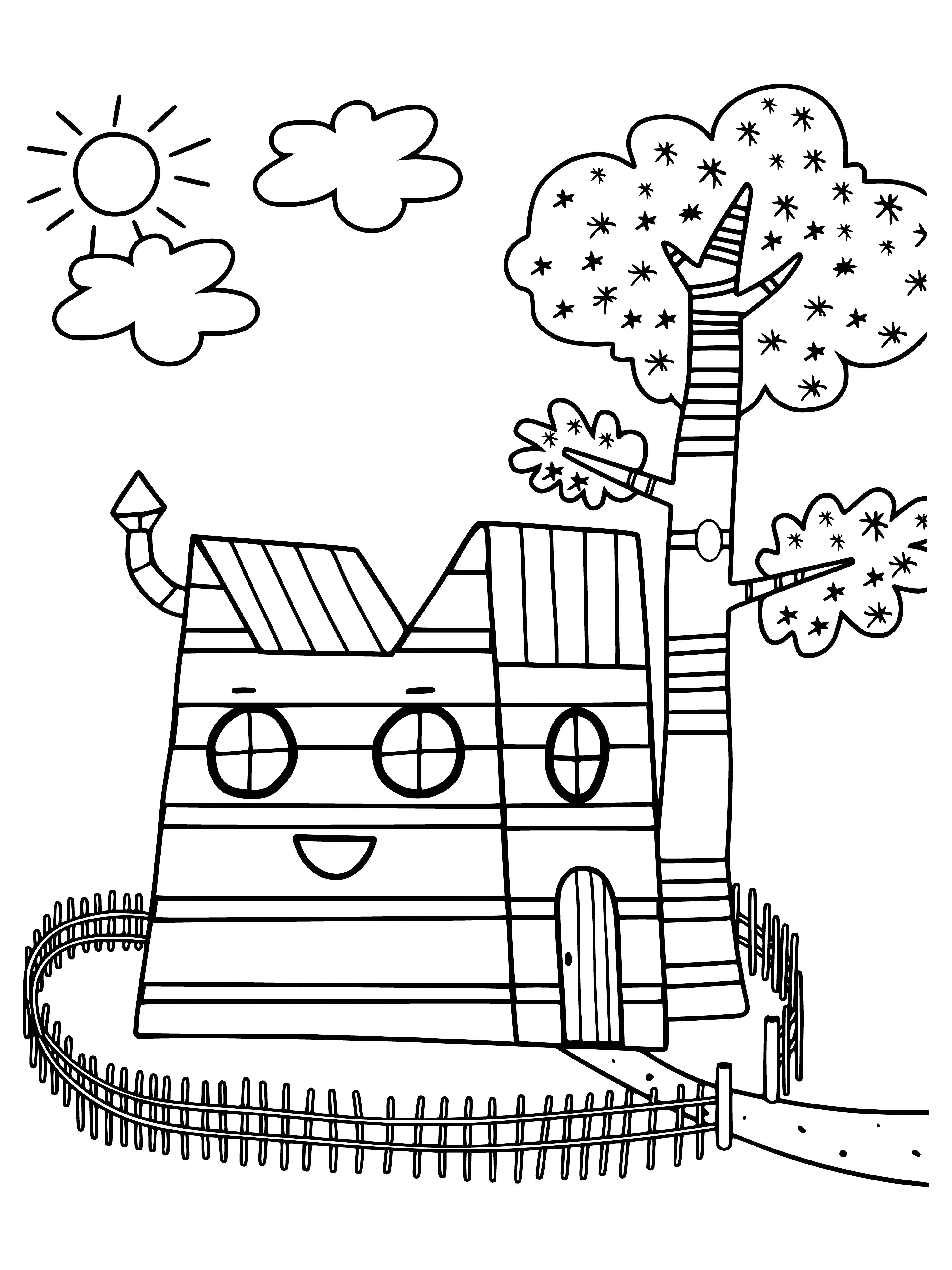 coloring page: 3 cats cohabit a home: 1 sleeping in a bed, 2 playing with a toy on the ground, all with different colored fur.