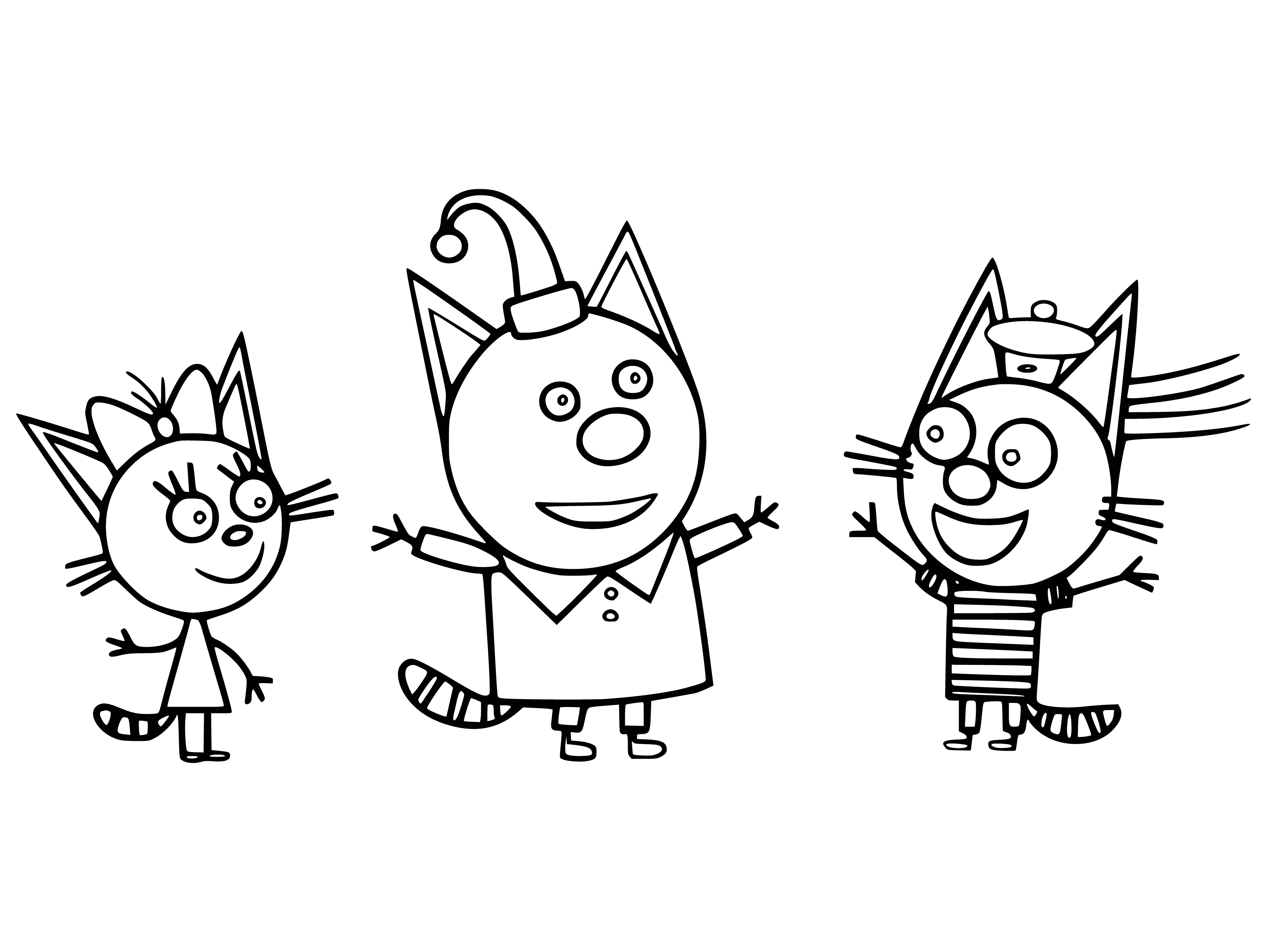 coloring page: 3 cats in a row: Caramel (tabby), Compote (tuxedo), and Tortilla (tortoiseshell) looking at camera, to side, down, respectively with their tails up.