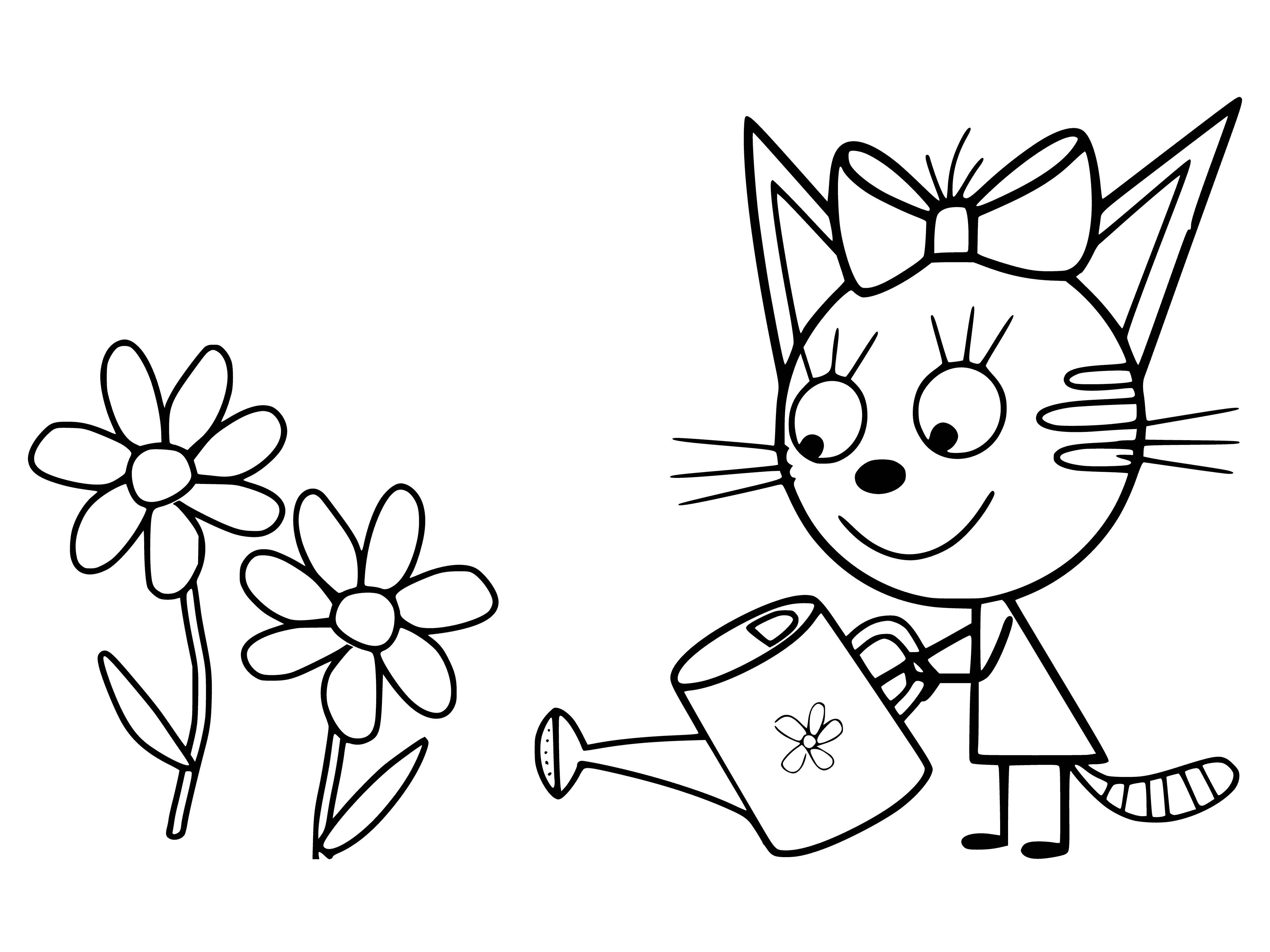 coloring page: 3 cats: 1 brown drinking, 2 black sitting. They're surrounded by flowers.