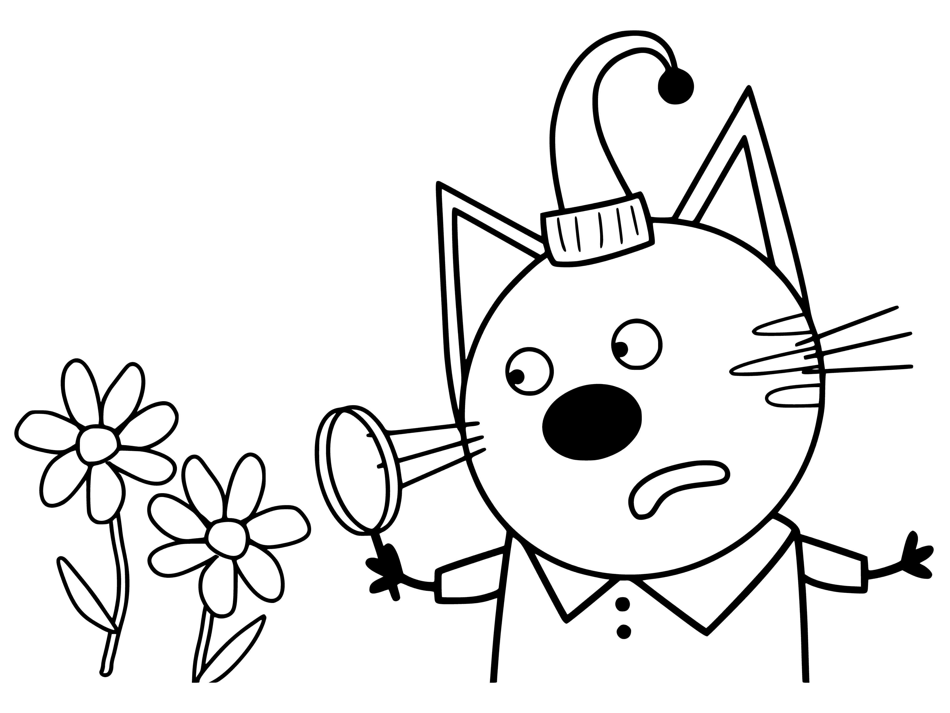 coloring page: Three cats: one brown-white, one black-white, one gray. Brown-white sniffs yellow flower, black-white looks at gray cat, gray cat looks back. #cats #coloring