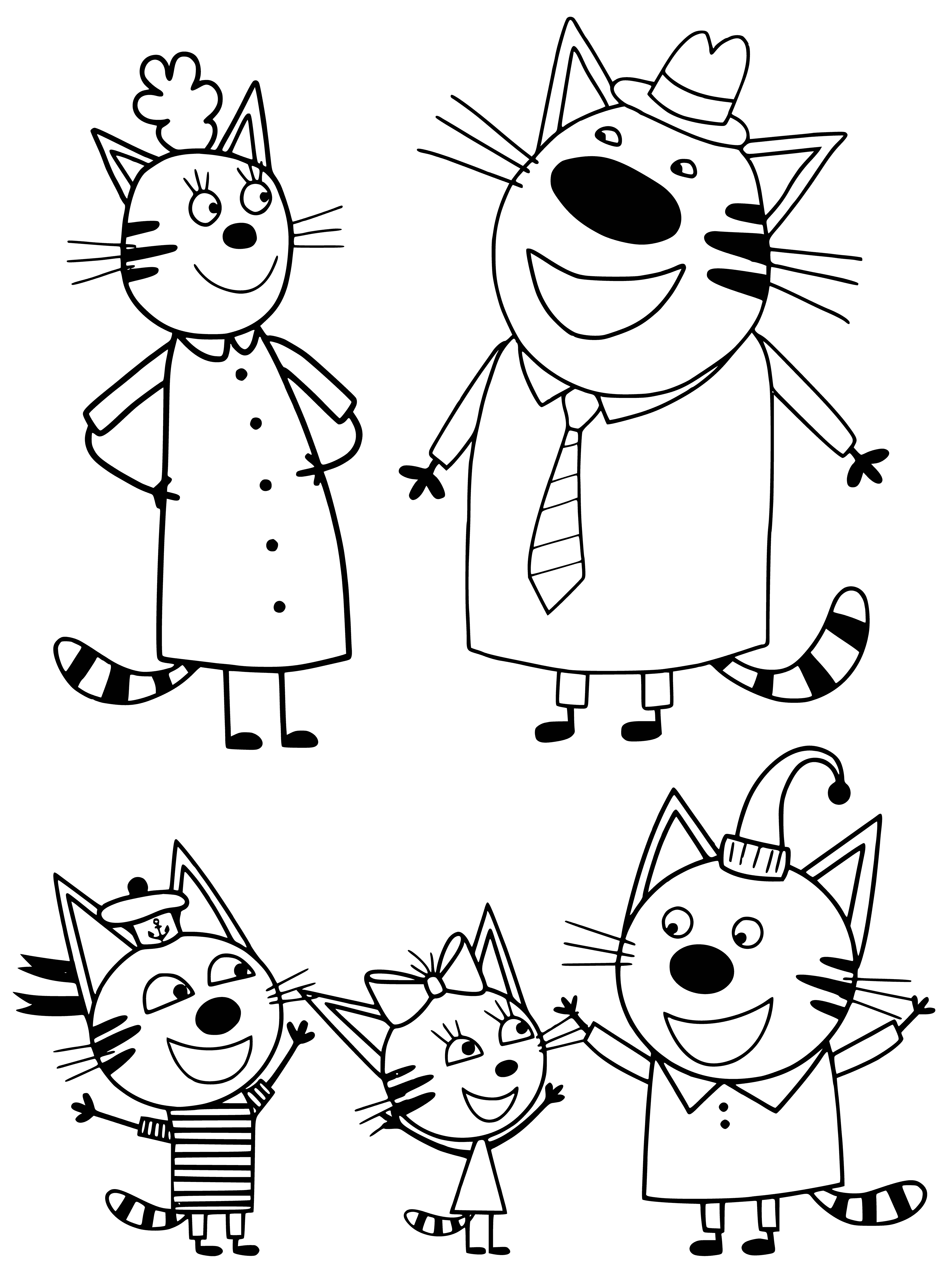 coloring page: 3 cats - 1 larger than the other 2, all have mouths open and 2 are sitting, 1 is standing.