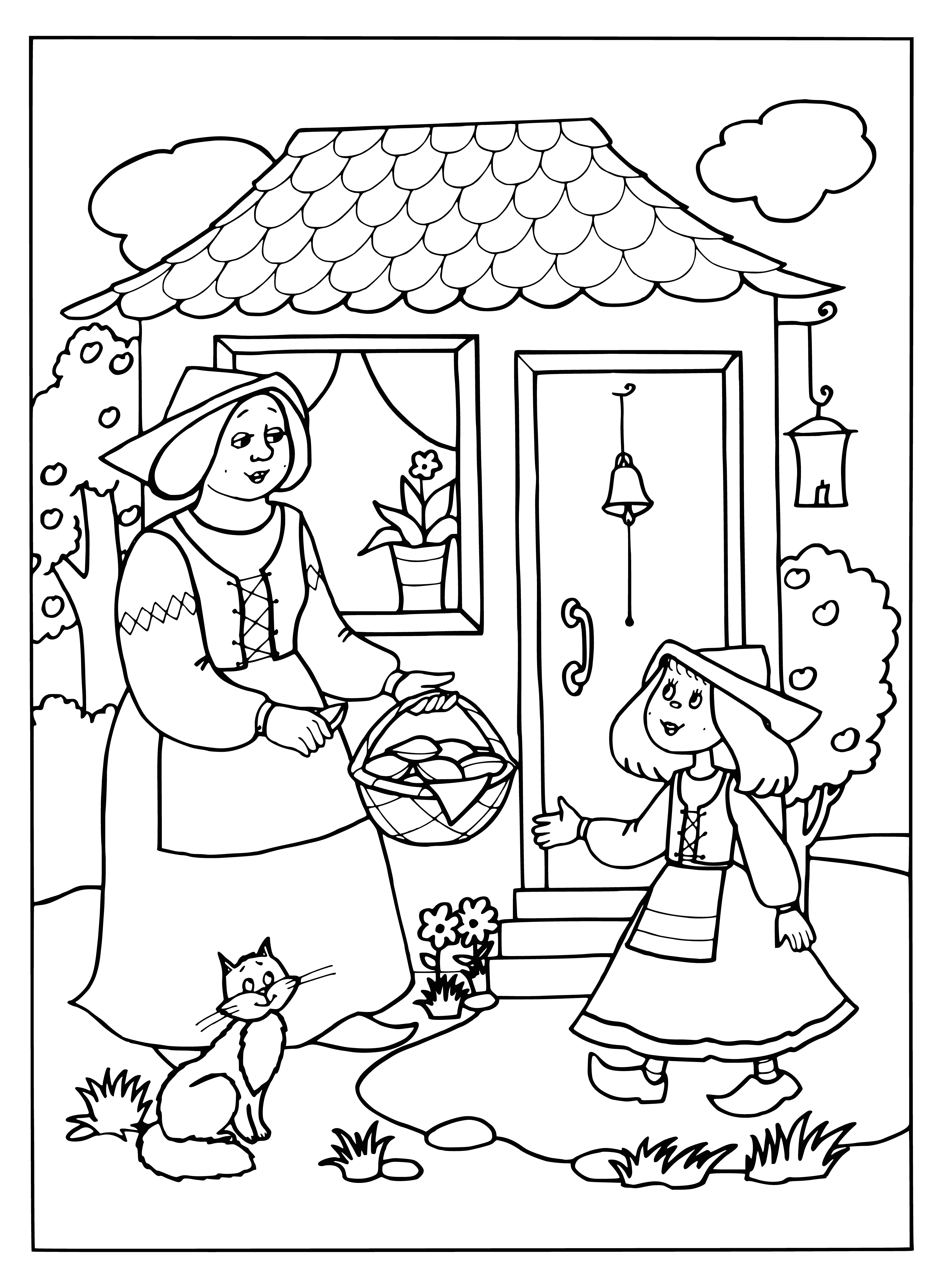 coloring page: Little girl excitedly carries pies to Grandma's to give her a surprise.