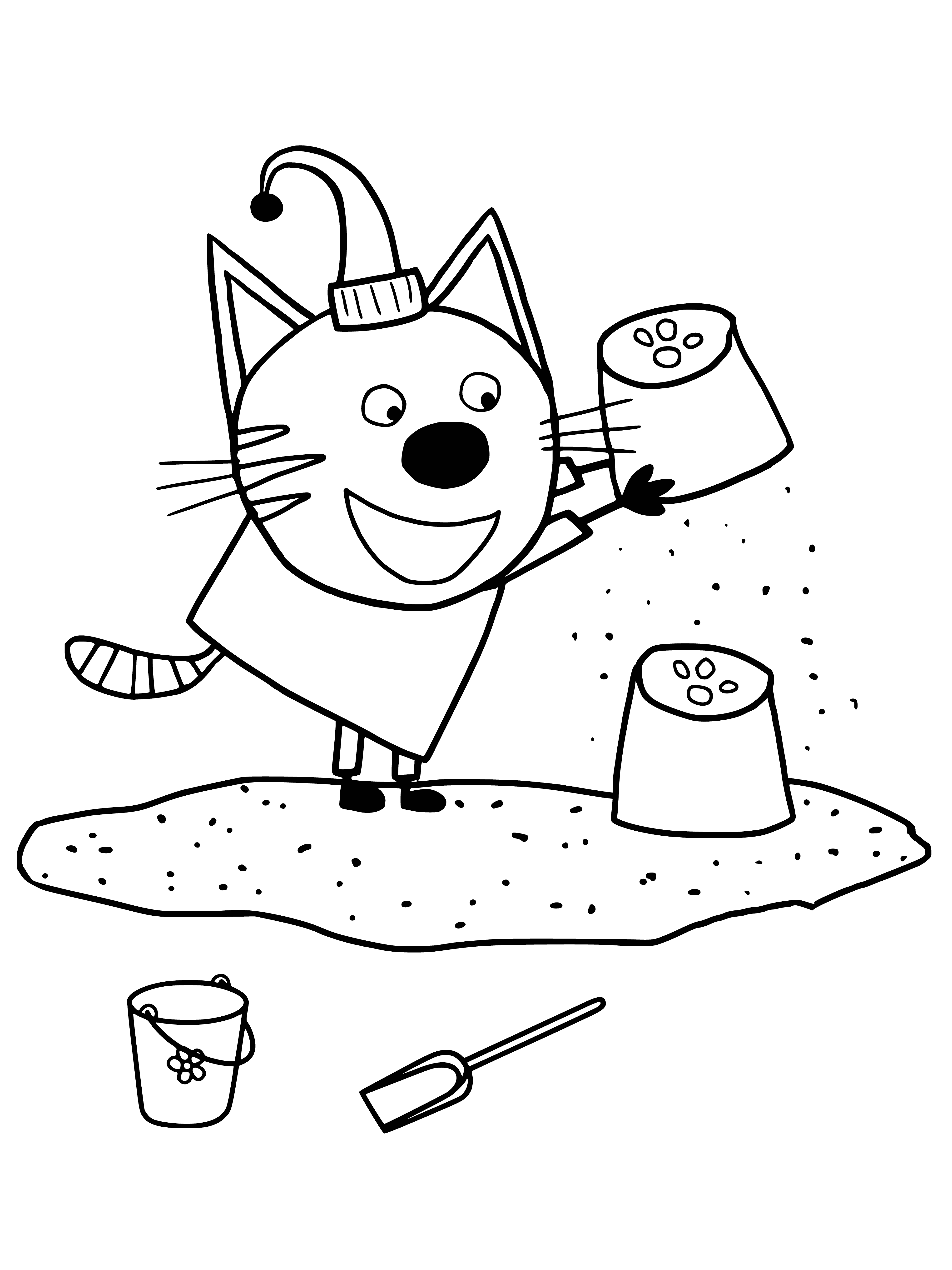 coloring page: Three cats in sandbox - black on back, orange sitting next to it, white on other side.