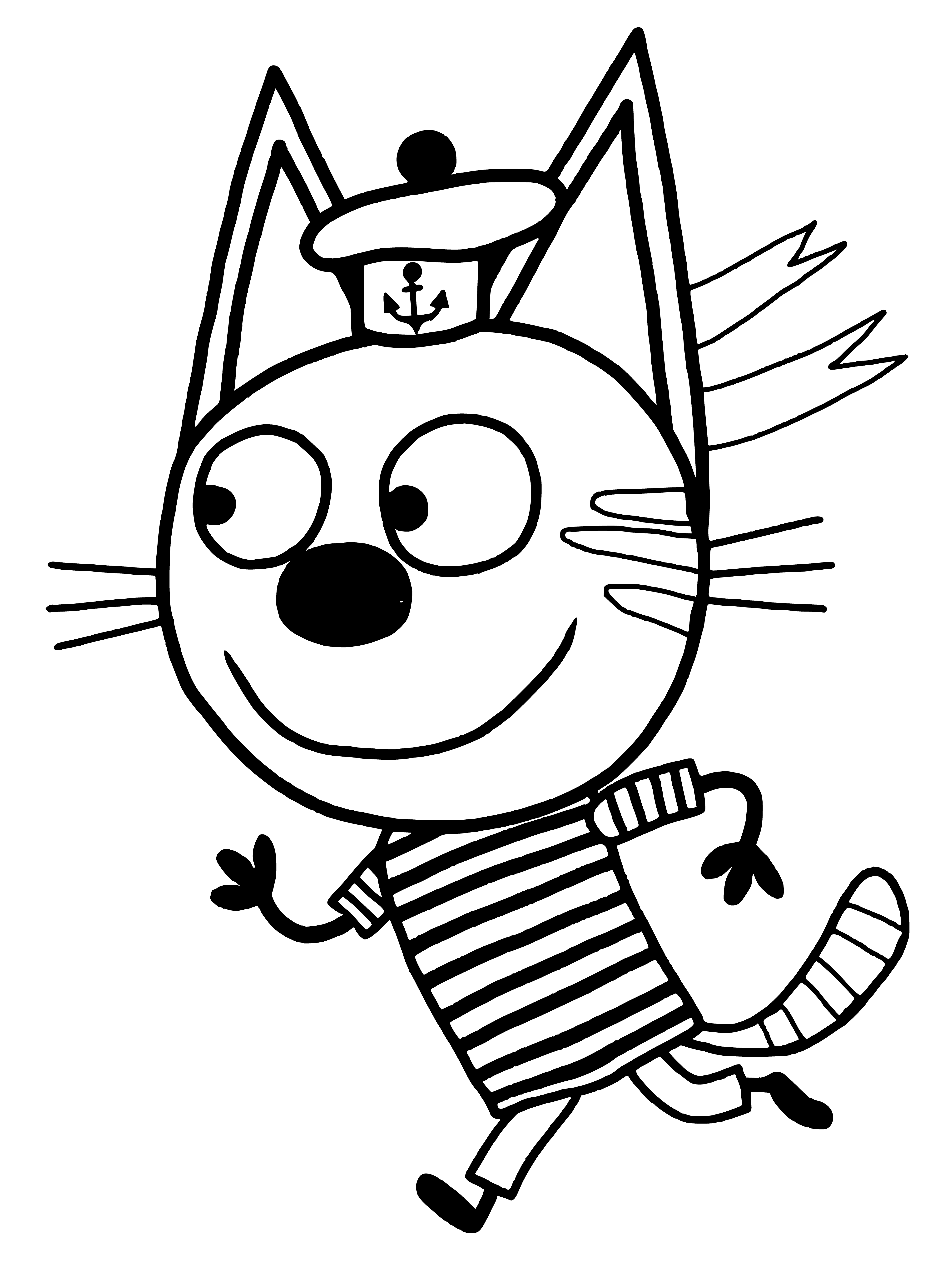coloring page: 3 cats-- pale orange, dark orange & gray-- all lie or sit with open mouths in a coloring page.