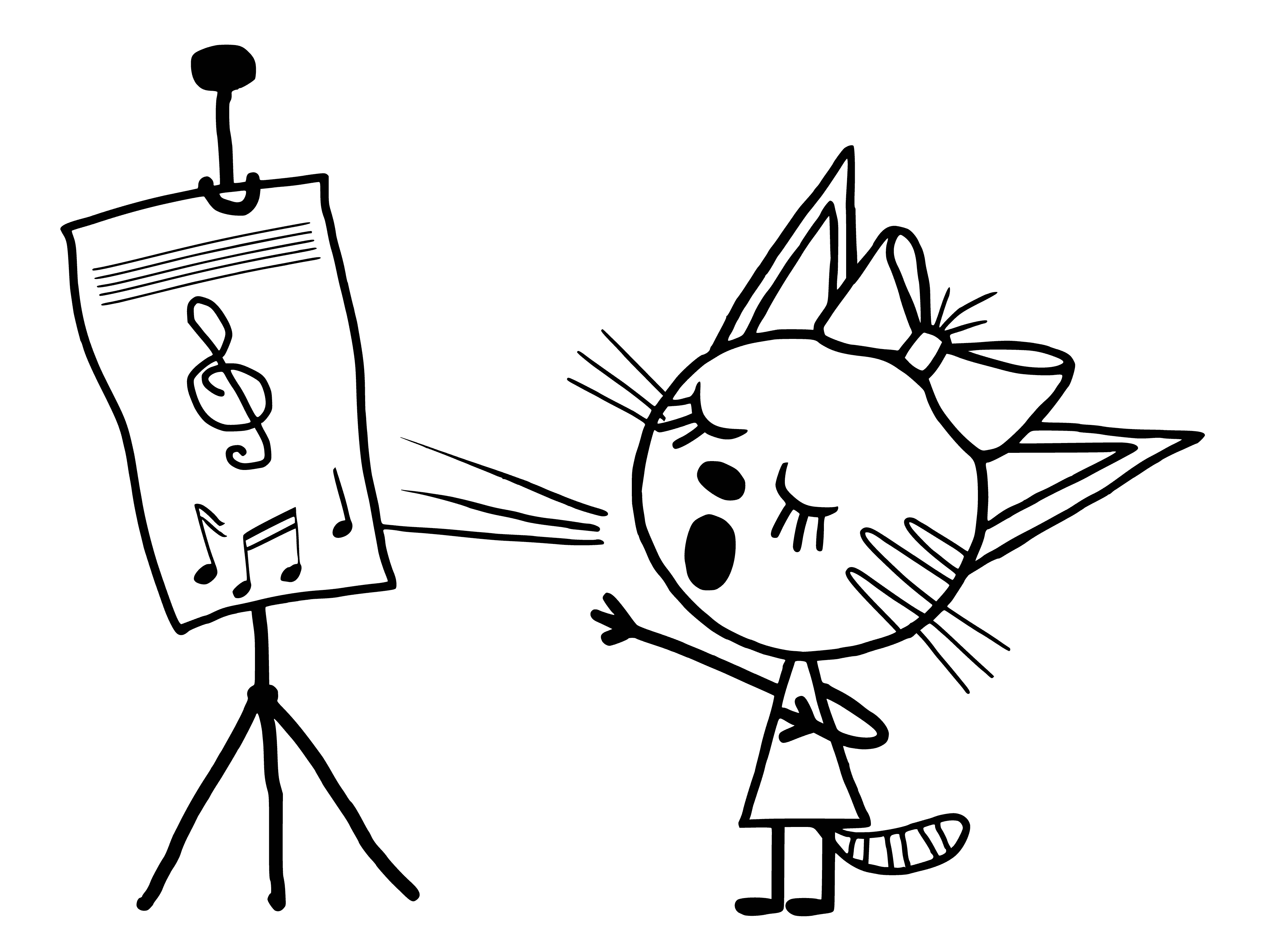 coloring page: 3 cats sing to 3 instruments, gray facing black, black facing white.