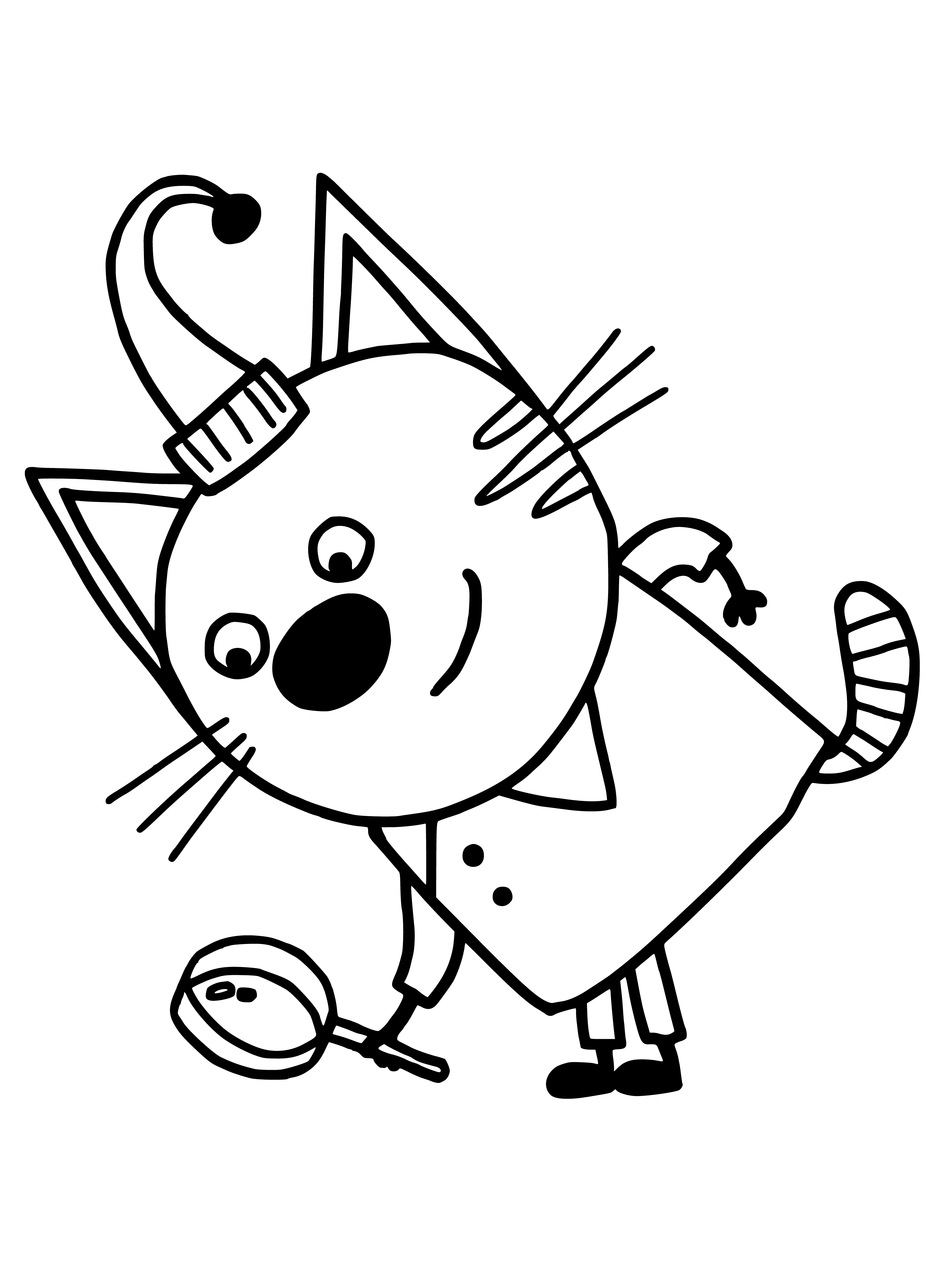 coloring page: Cat in blue bowl, yellow liquid in green container, white liquid in blue container on plates of varying colors.