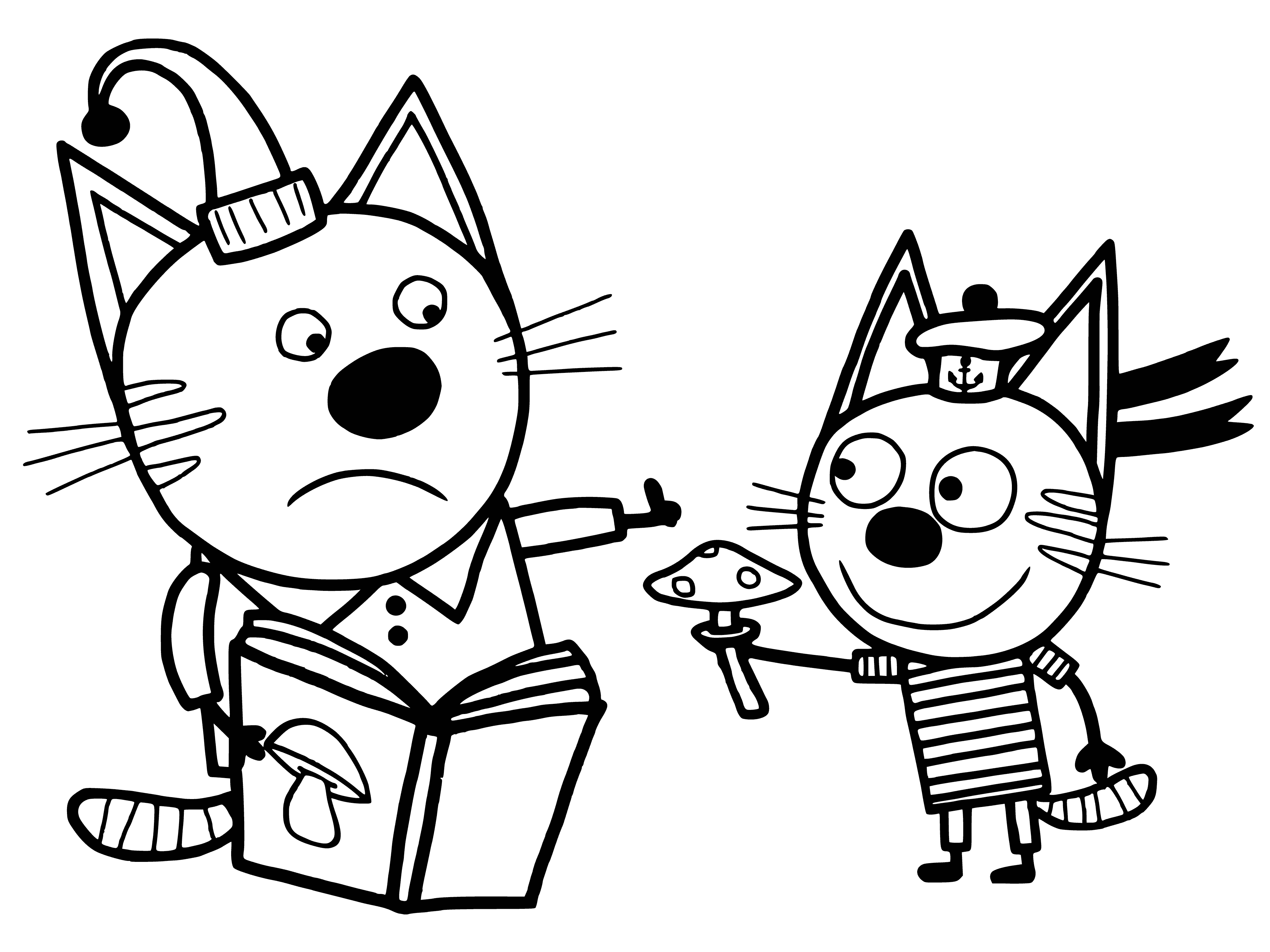 coloring page: Three cats: one large, two small; each have different color eyes & white saddle marking; playing with yellow toy.