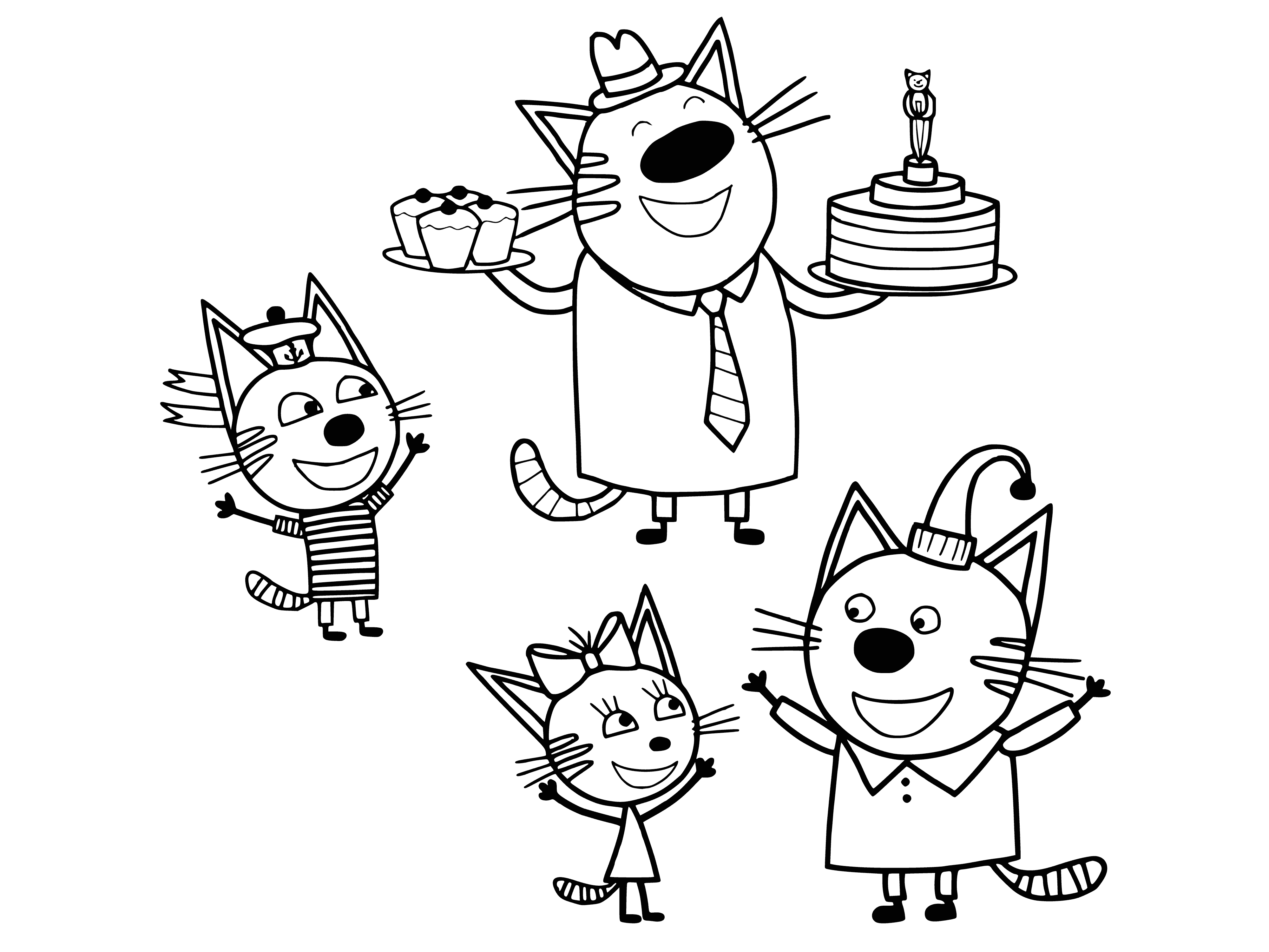 coloring page: 3 cats in a coloring page: 2 sit, 1 stands. They are gray/white, black/white & facing same dir.