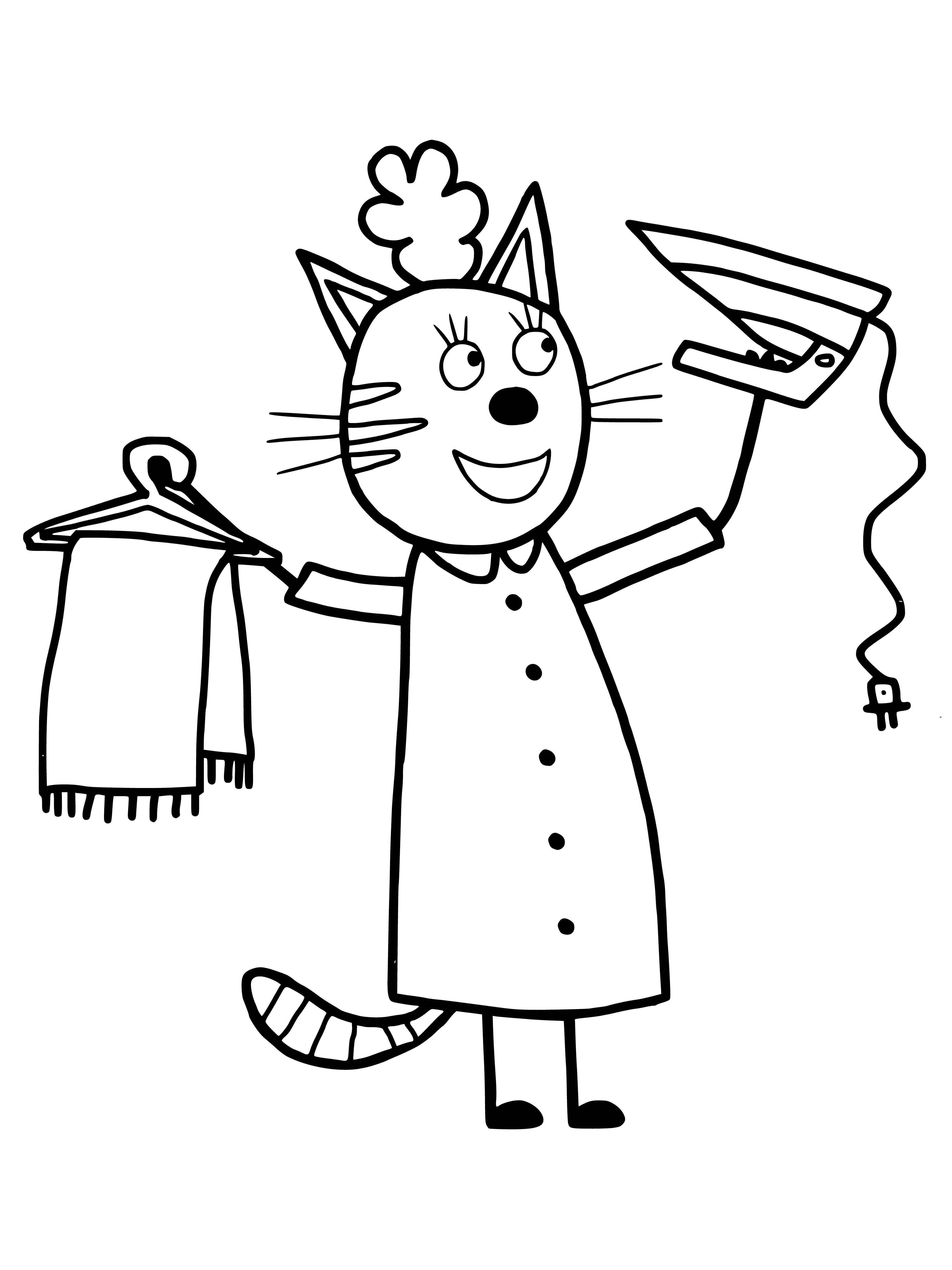 coloring page: 3 cats: Mama gray & 2 babies, black & white; boy & girl, sleeping.