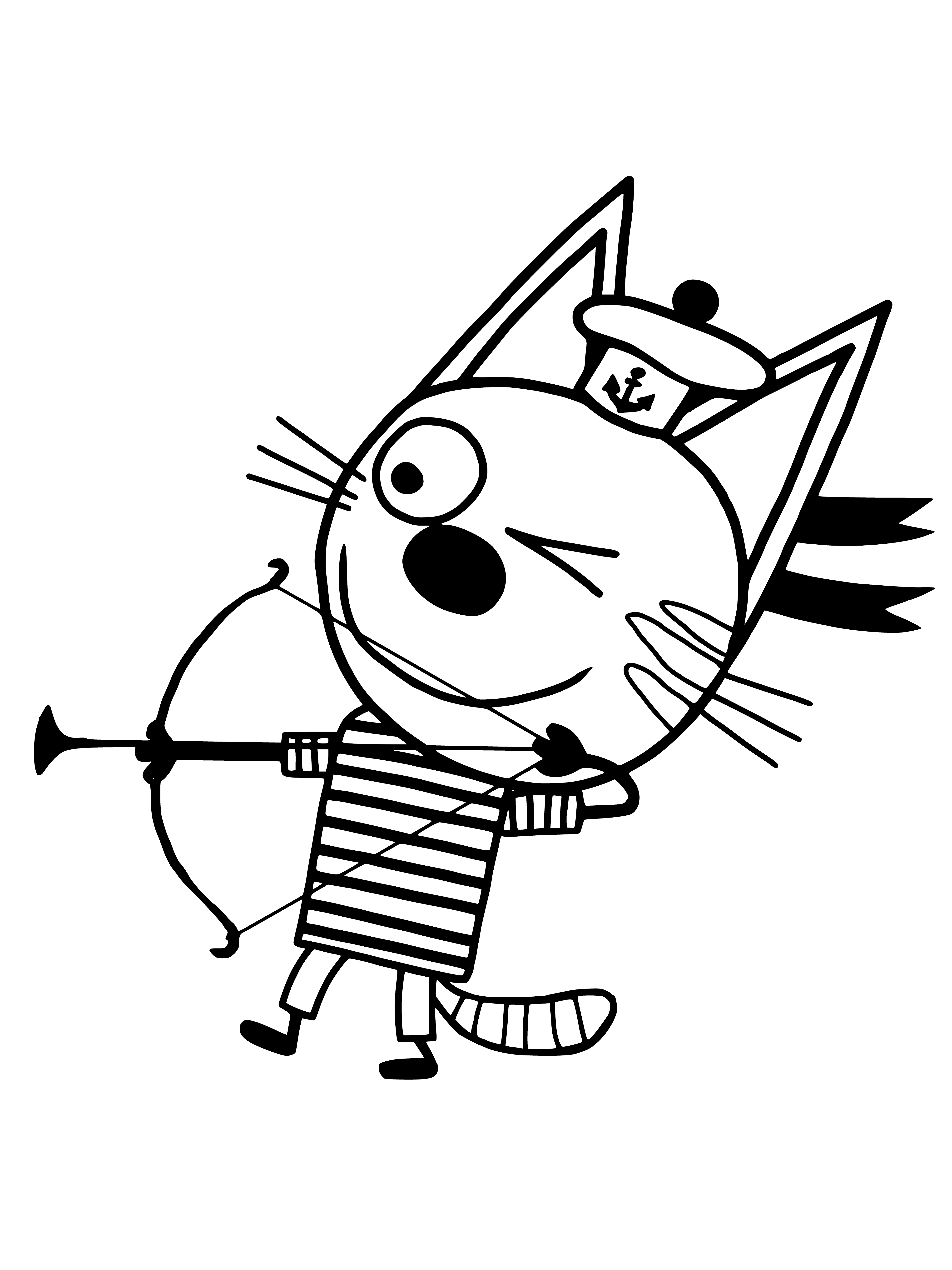 coloring page: 3 cats: white shoots, black looks, gray looks; white open, black open, gray closed.