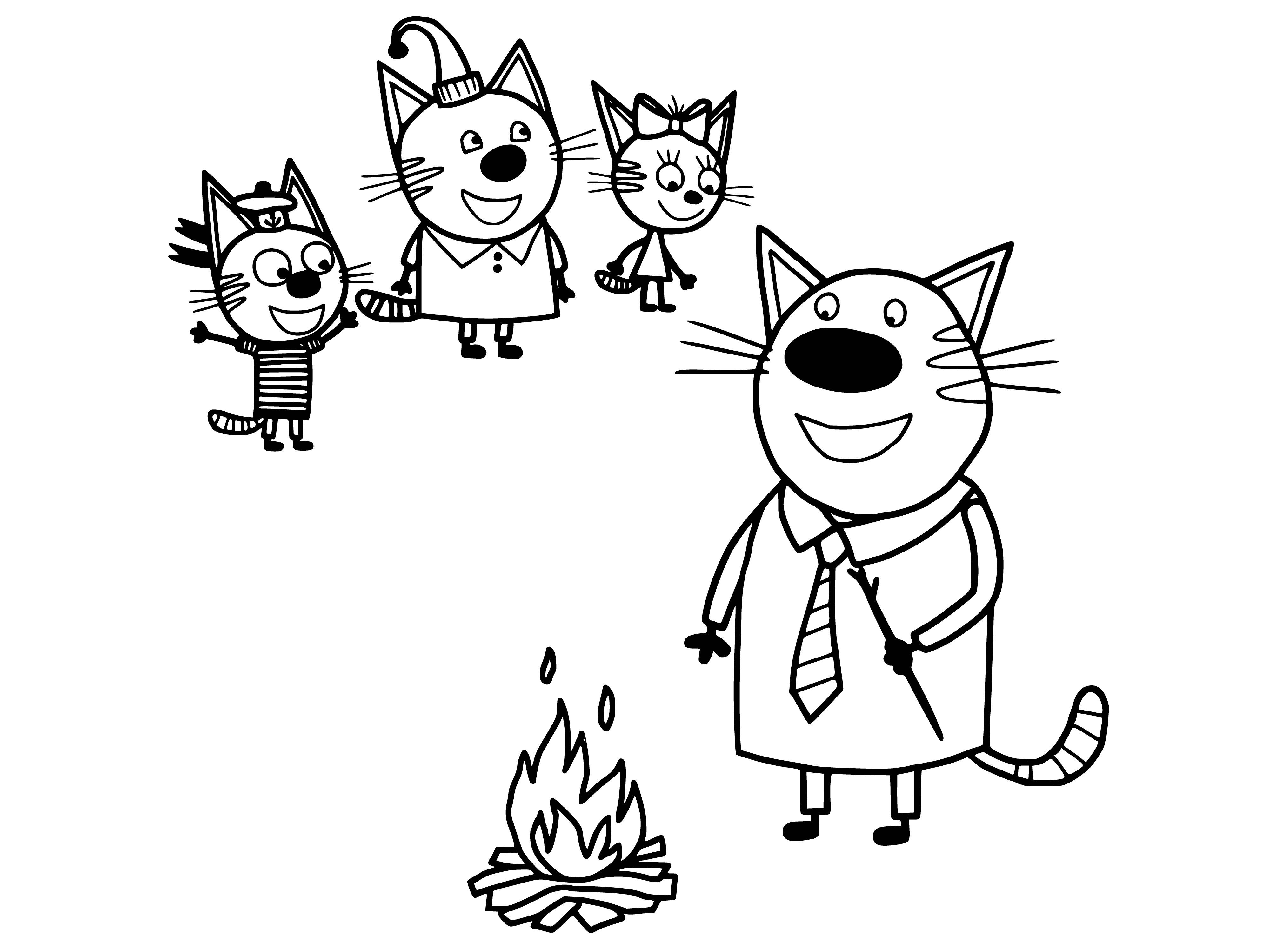 coloring page: Three cats: one lighting fire, two sitting together. #CatsColoringPage