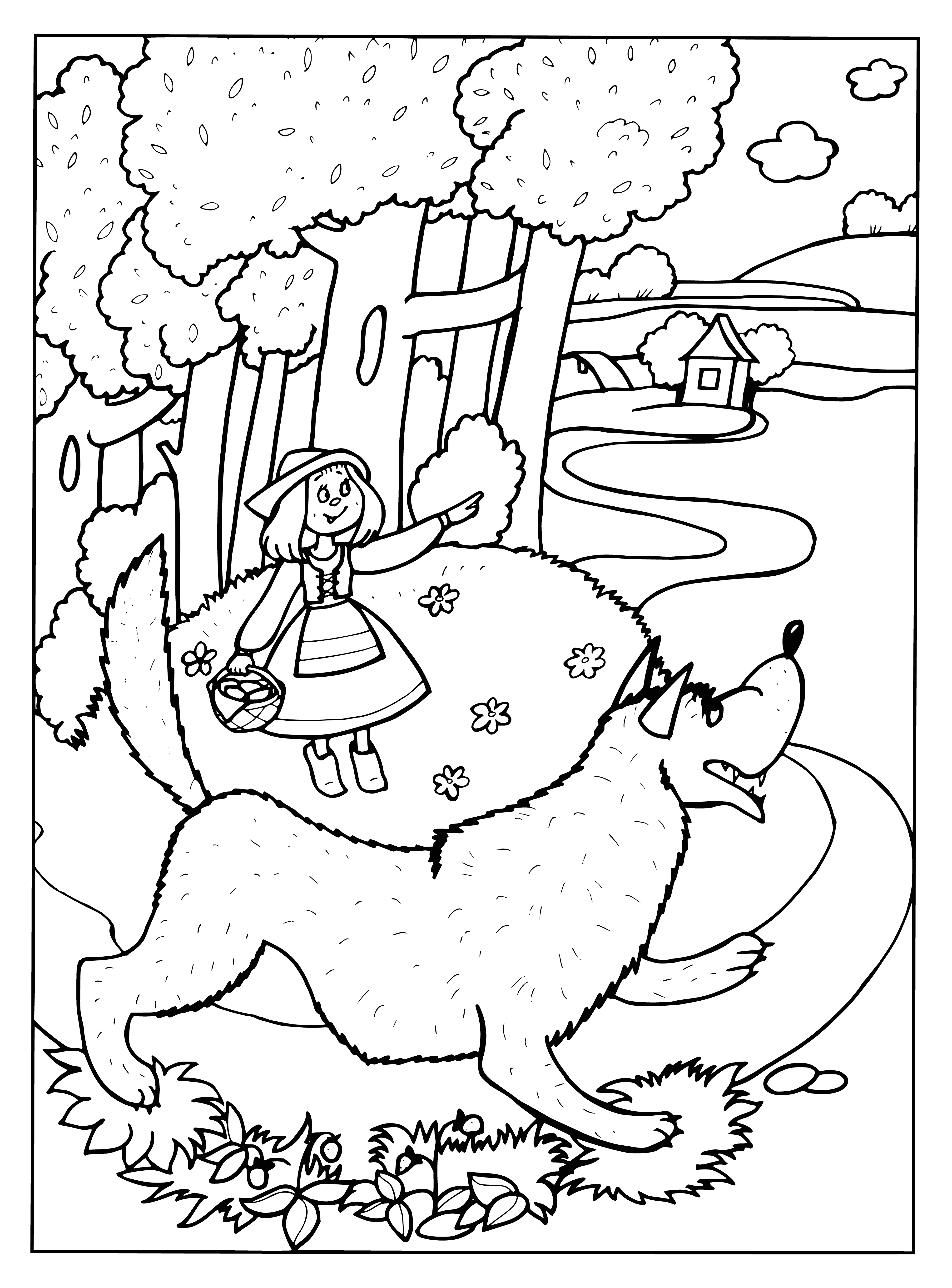 coloring page: A wolf pretends to be friendly to a girl, planning to eat her at her Grandmother's house. The wolf stops to eat & nap, but the girl escapes & Grandmother foils the wolf by grabbing scissors & cutting off his head! #wildtale #grannysmart