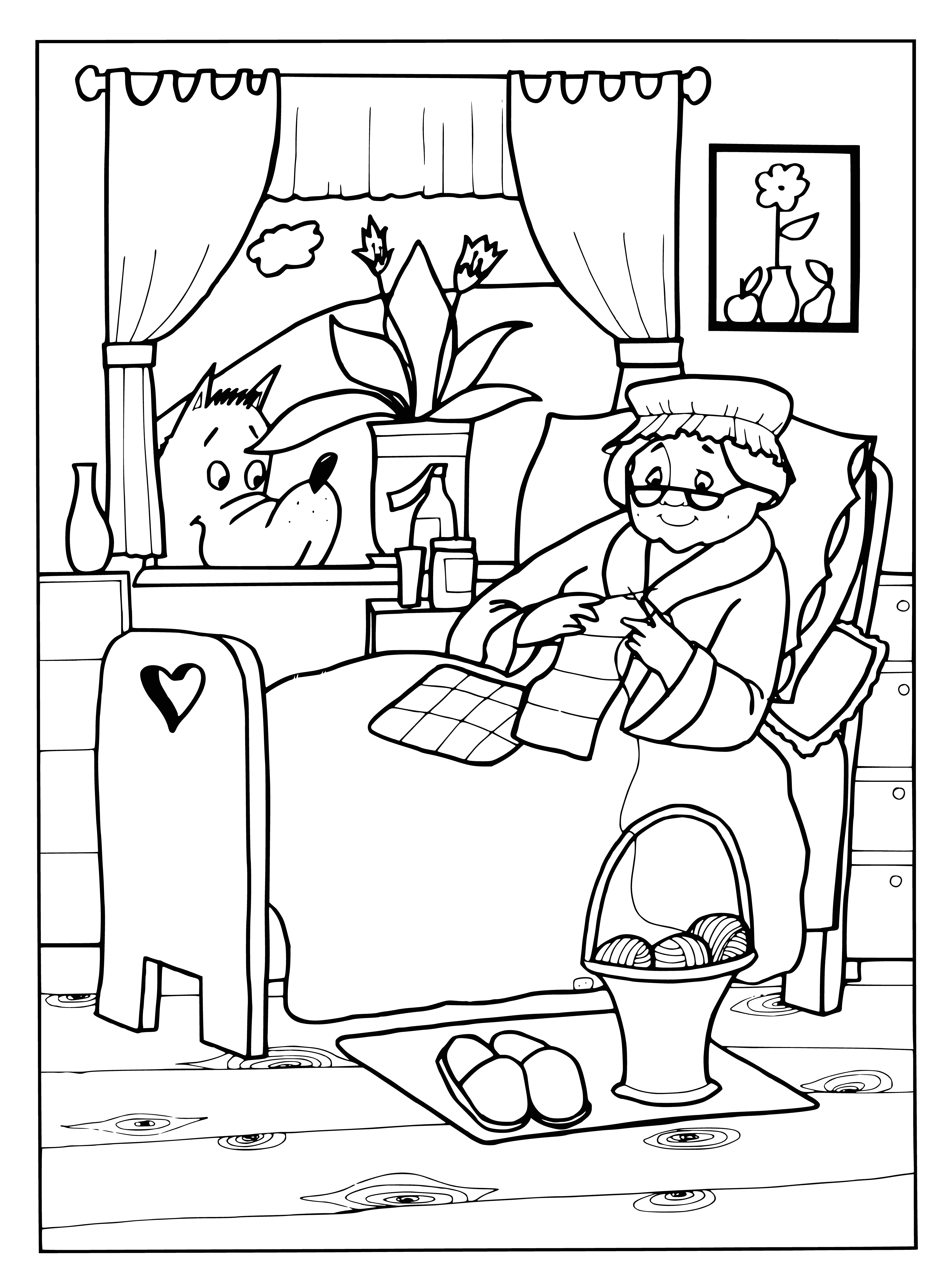 coloring page: Grandma sits in a rocking chair, knitting; ball of yarn at her feet, basket of yarn beside. Blue dress/white apron, white hair, glasses. Happy & content.
