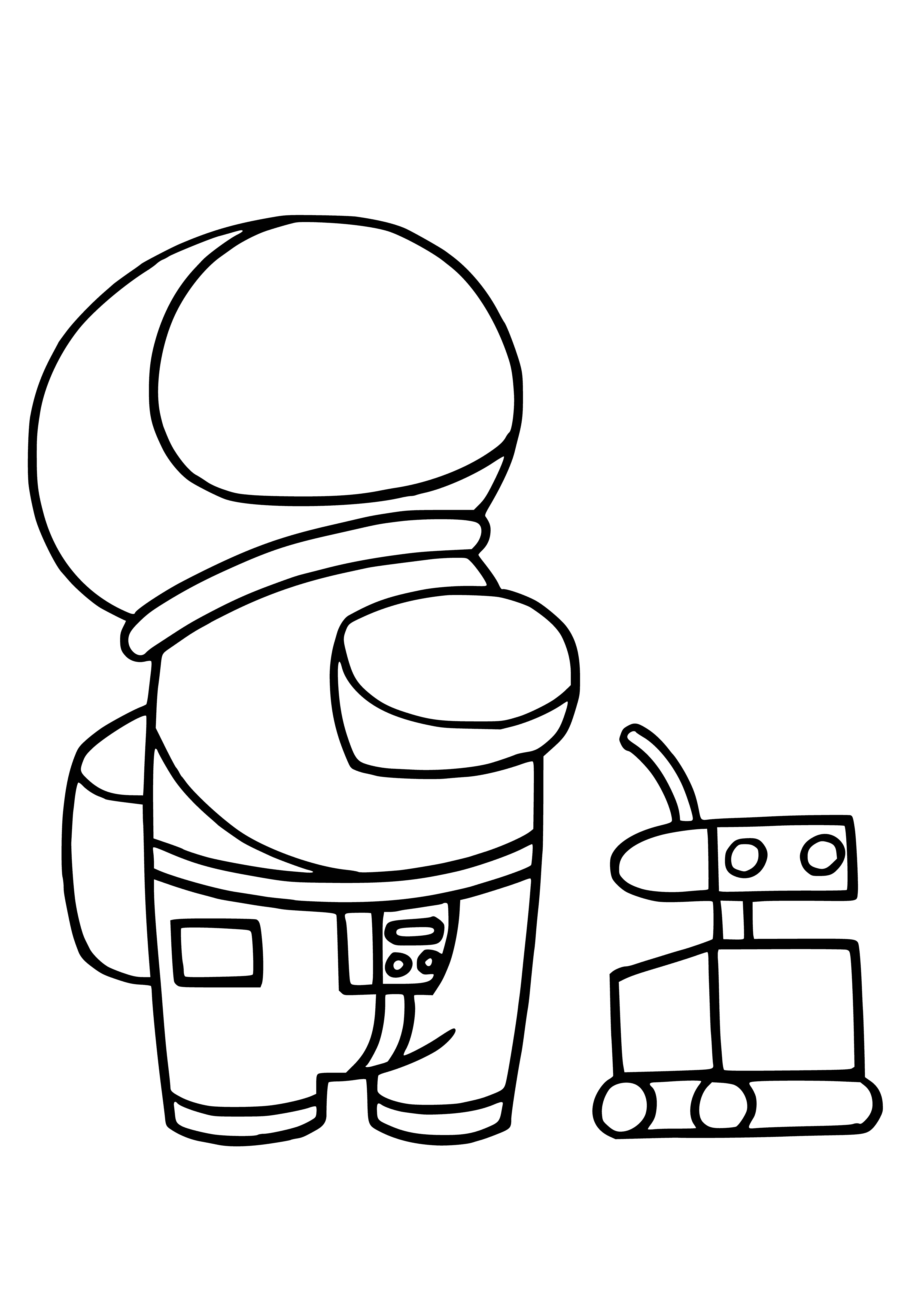 coloring page: Ten figures in space suits: 8 seated at a laptop, 2 standing in back.