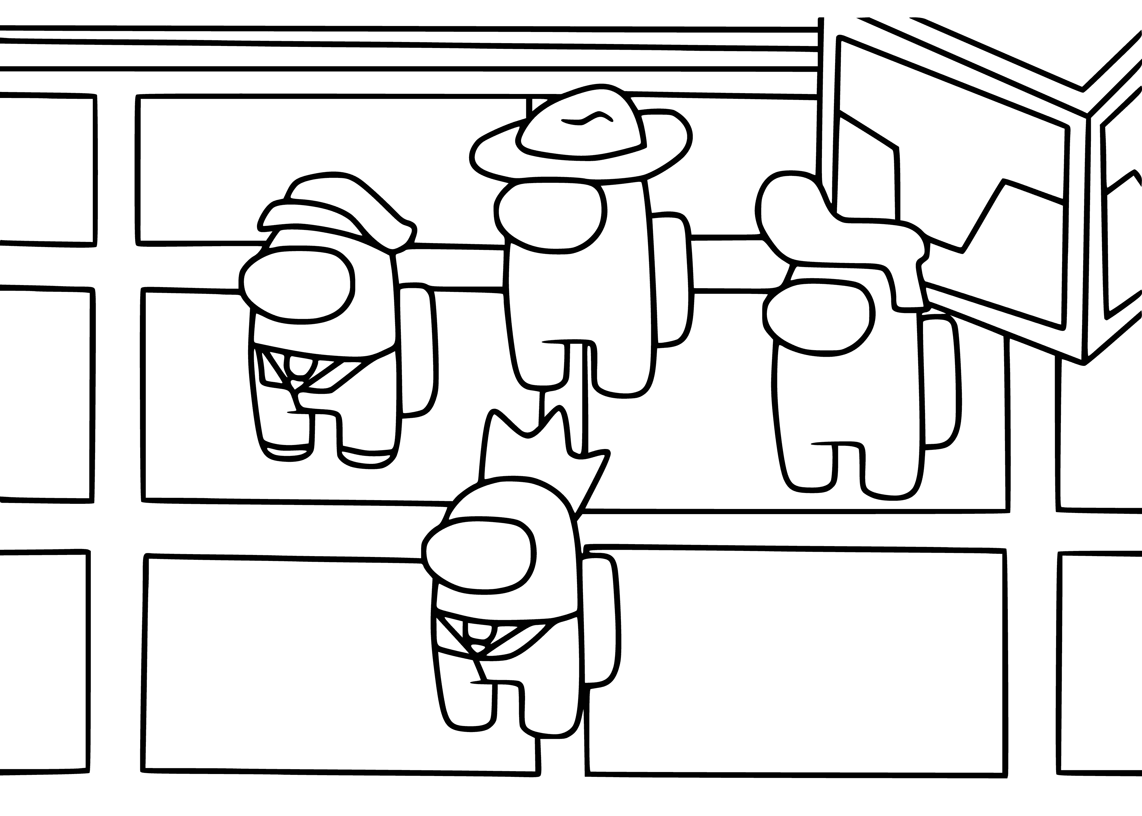 coloring page: People in spacesuits ready for mission; window shows a view of space.