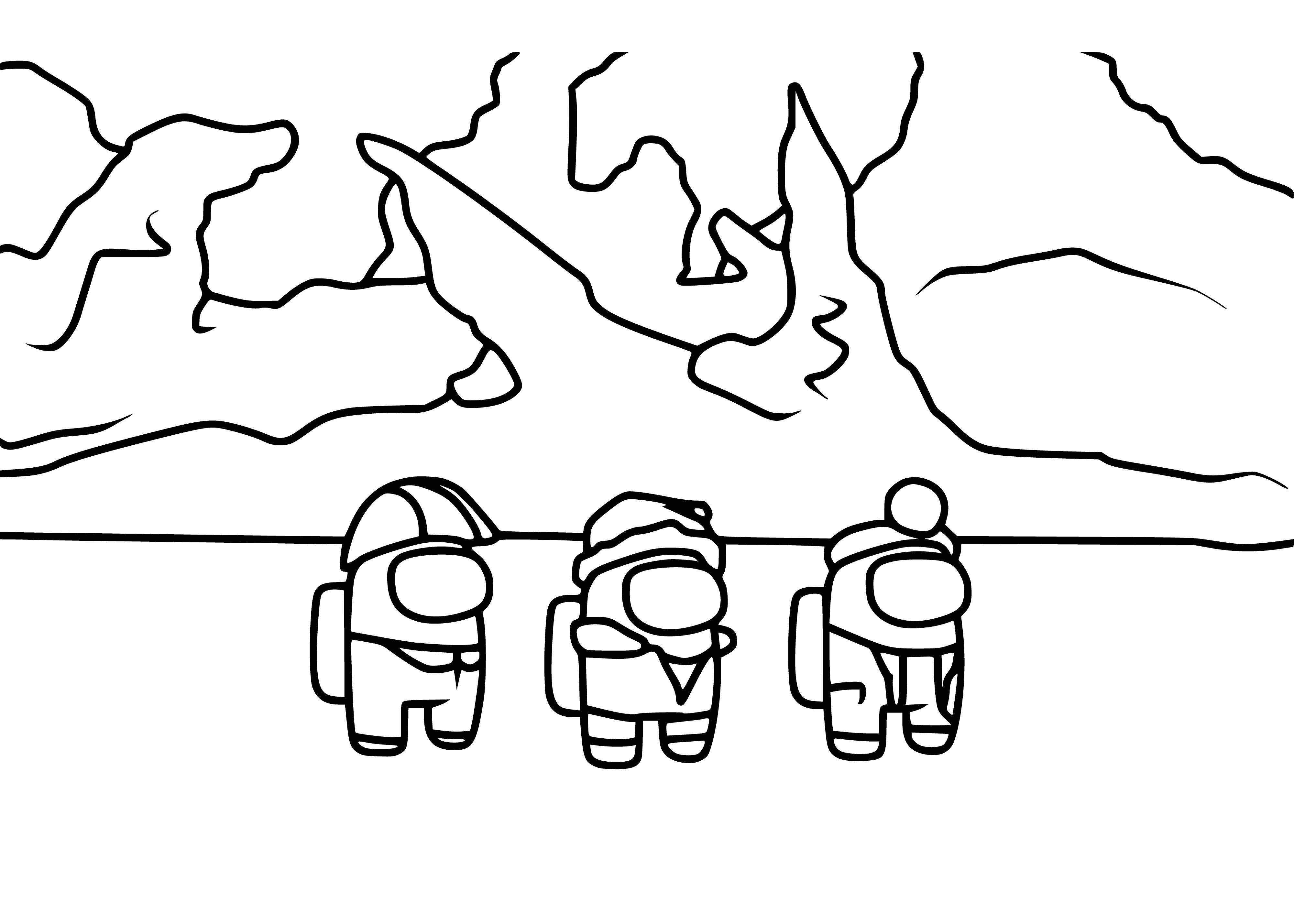 coloring page: 4 figures on dark surface; 2 have helmets, guns. 2 have dark clothing, 1 holding large object, 1 arms raised.