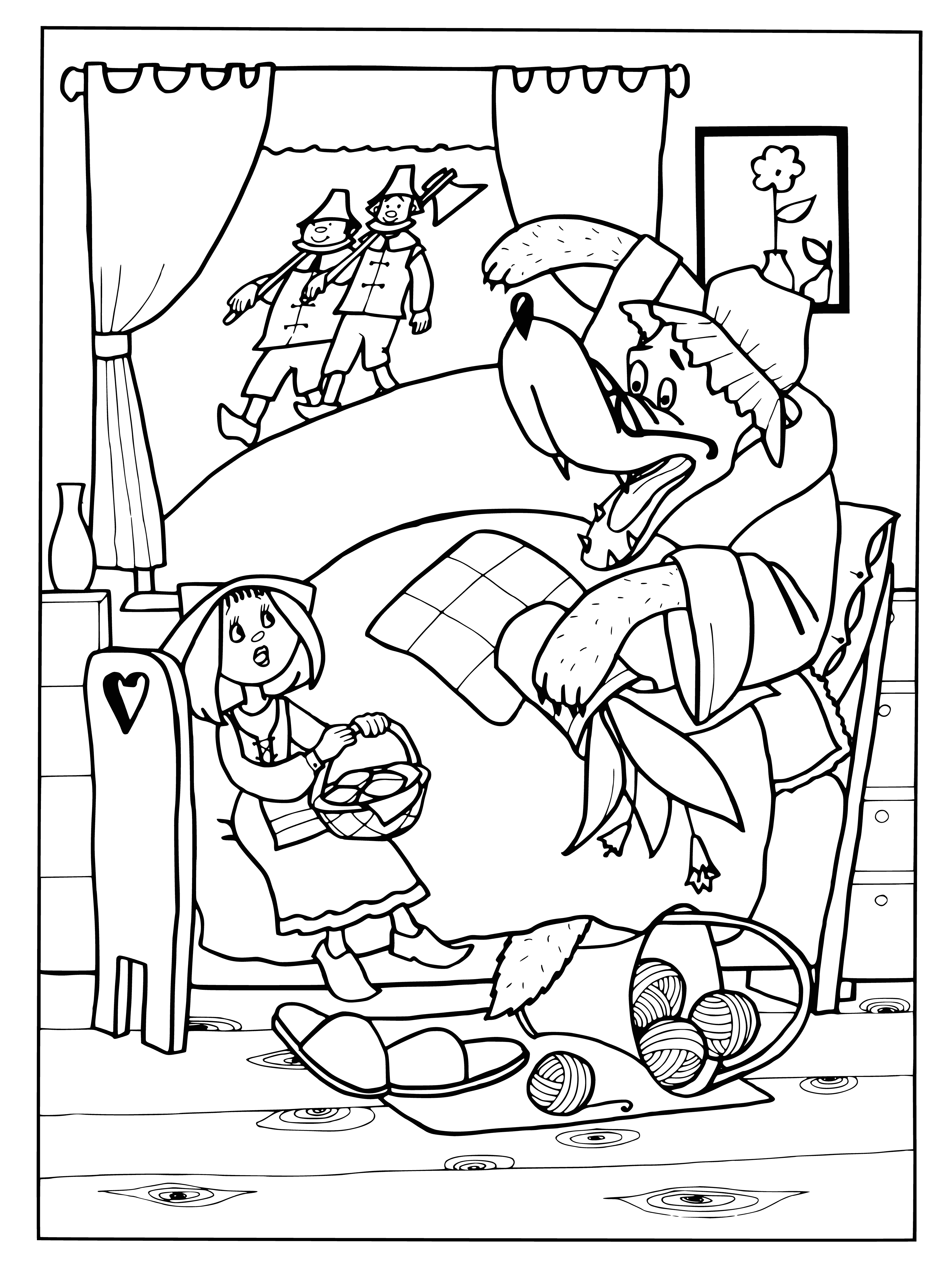 coloring page: Drawing of cartoonish man with huge mouth of teeth about to eat someone- like from a children's book!